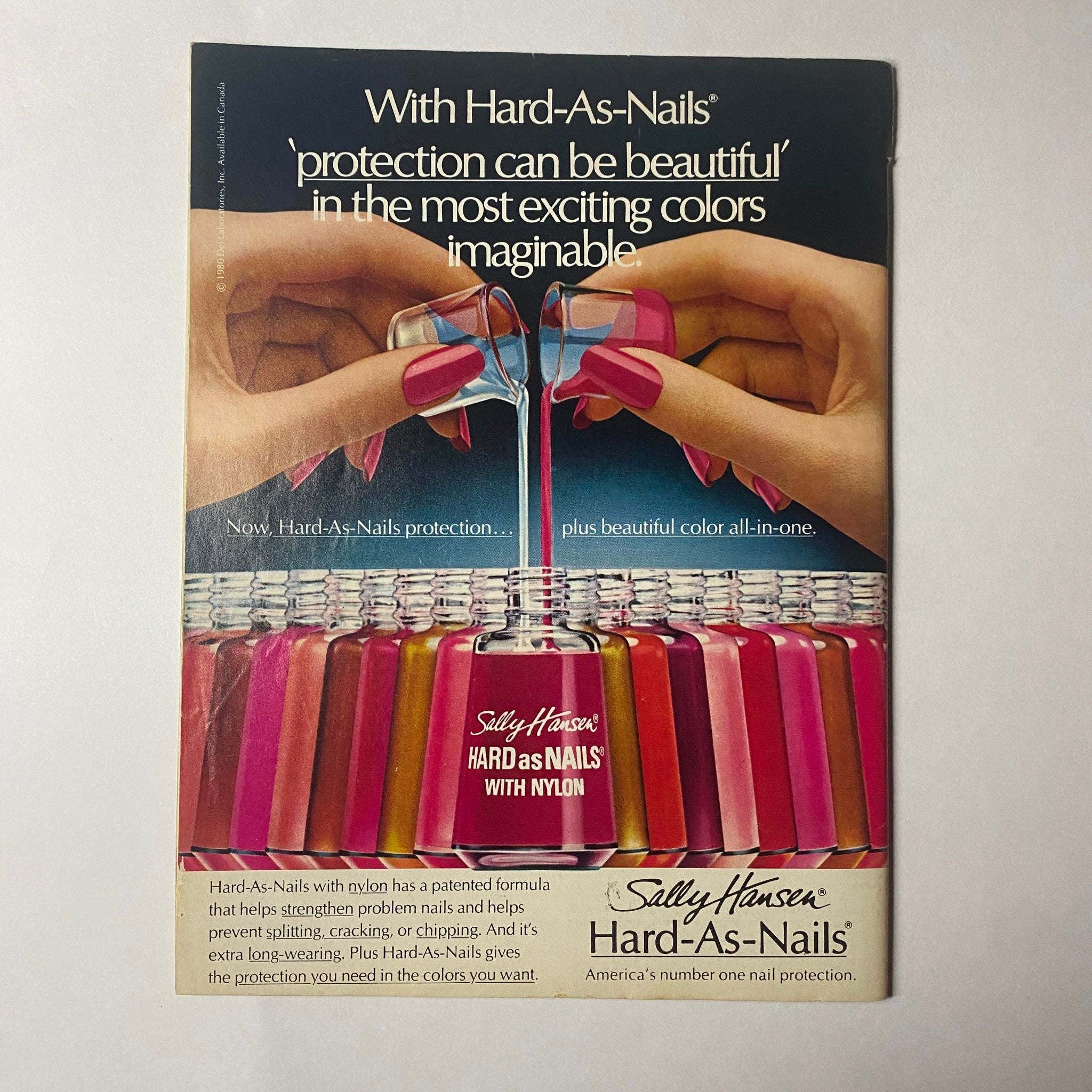 Advertisement for Sally Hansen's Hard-As-Nails in 'Teen Magazine June 1981 Vol 25 No. 6, promoting nail protection and vibrant colors.