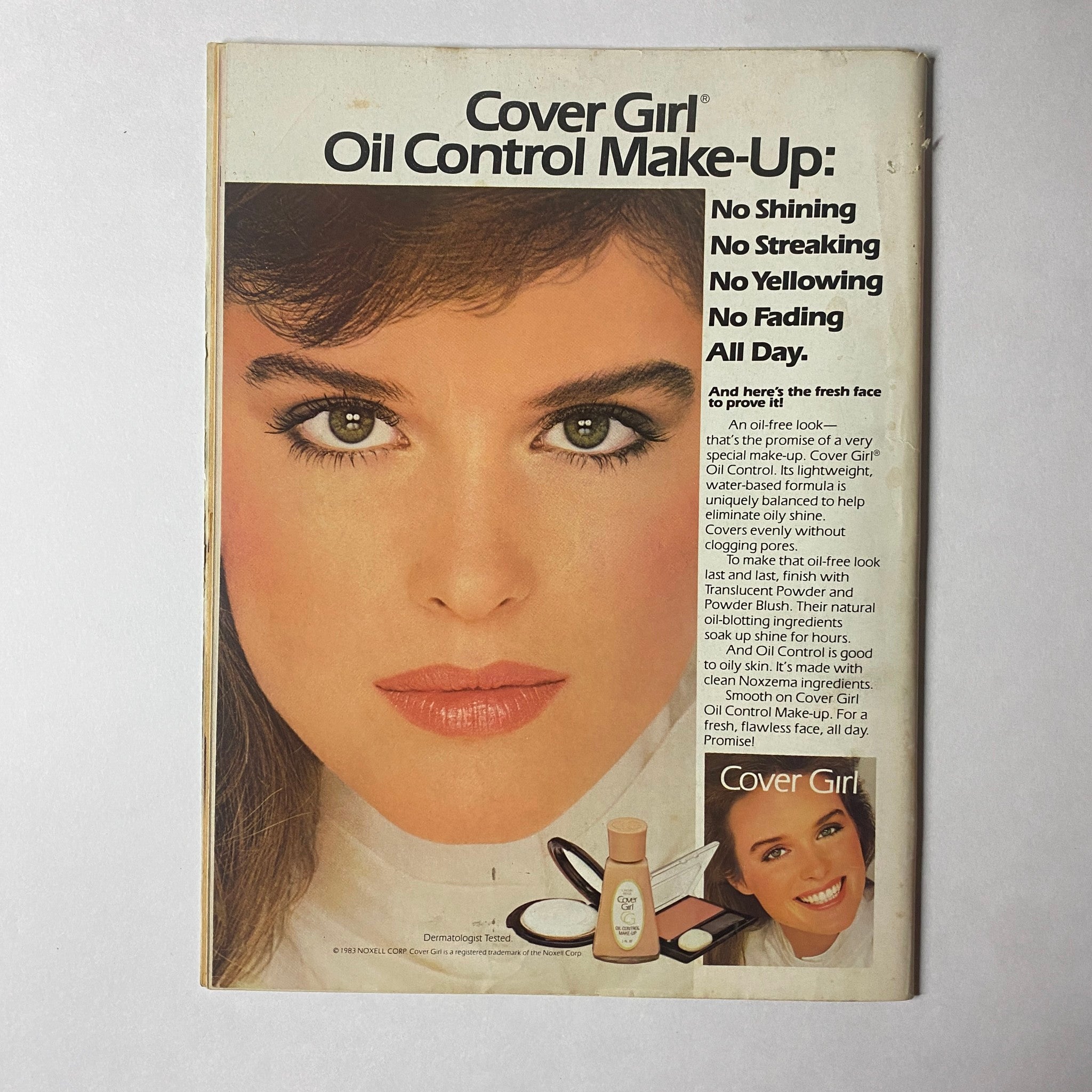 Cover advertisement for Cover Girl Oil Control Make-Up featuring a model with flawless skin. The ad promotes the benefits of no shining, no streaking, and durable wear, associated with Teen Magazine January 1984 featuring Petra Gunther on the cover.
