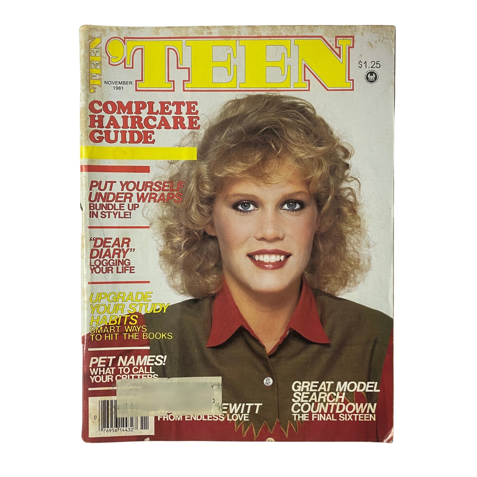 'Teen Magazine November 1981 Vol 25 No. 11 Cover featuring a model with curly hair, showcasing the 'Complete Haircare Guide' along with highlights like fashion advice, beauty tips, and pop culture insights.