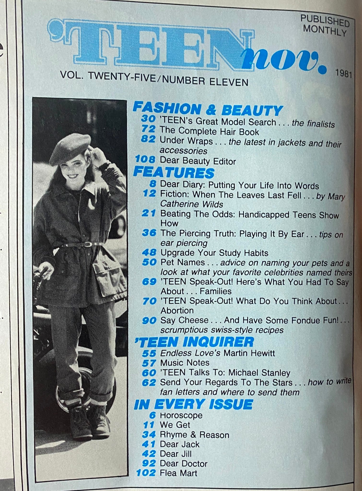'Teen Magazine November 1981 Vol 25 No. 11 cover featuring 'Teen's Great Model Search and The Complete Hair Book, showcasing highlights from the month of November.