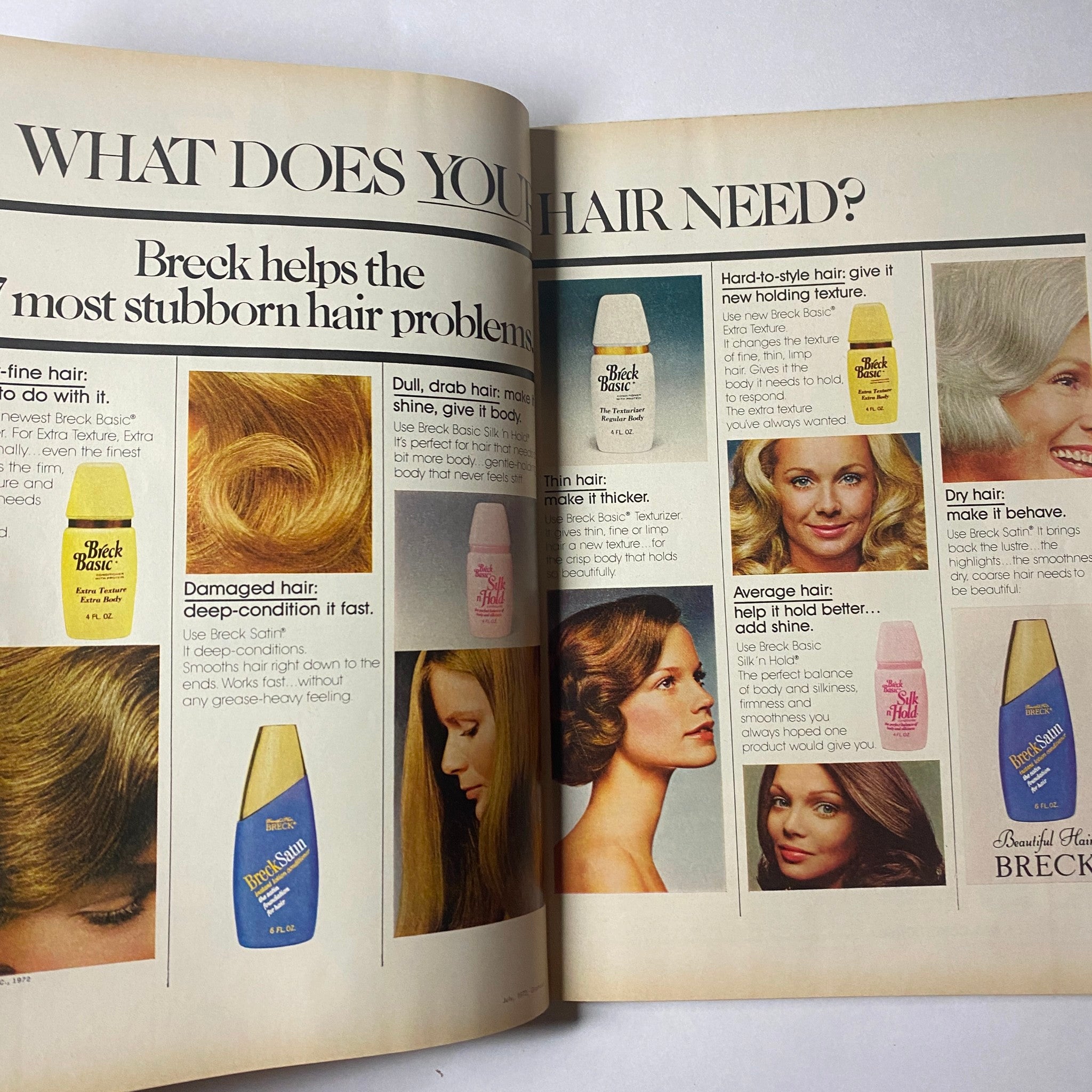 Two-page spread from July 1972 Glamour Magazine featuring Breck hair care products, illustrating solutions for various hair types and problems in the context of the magazine's beauty advice.