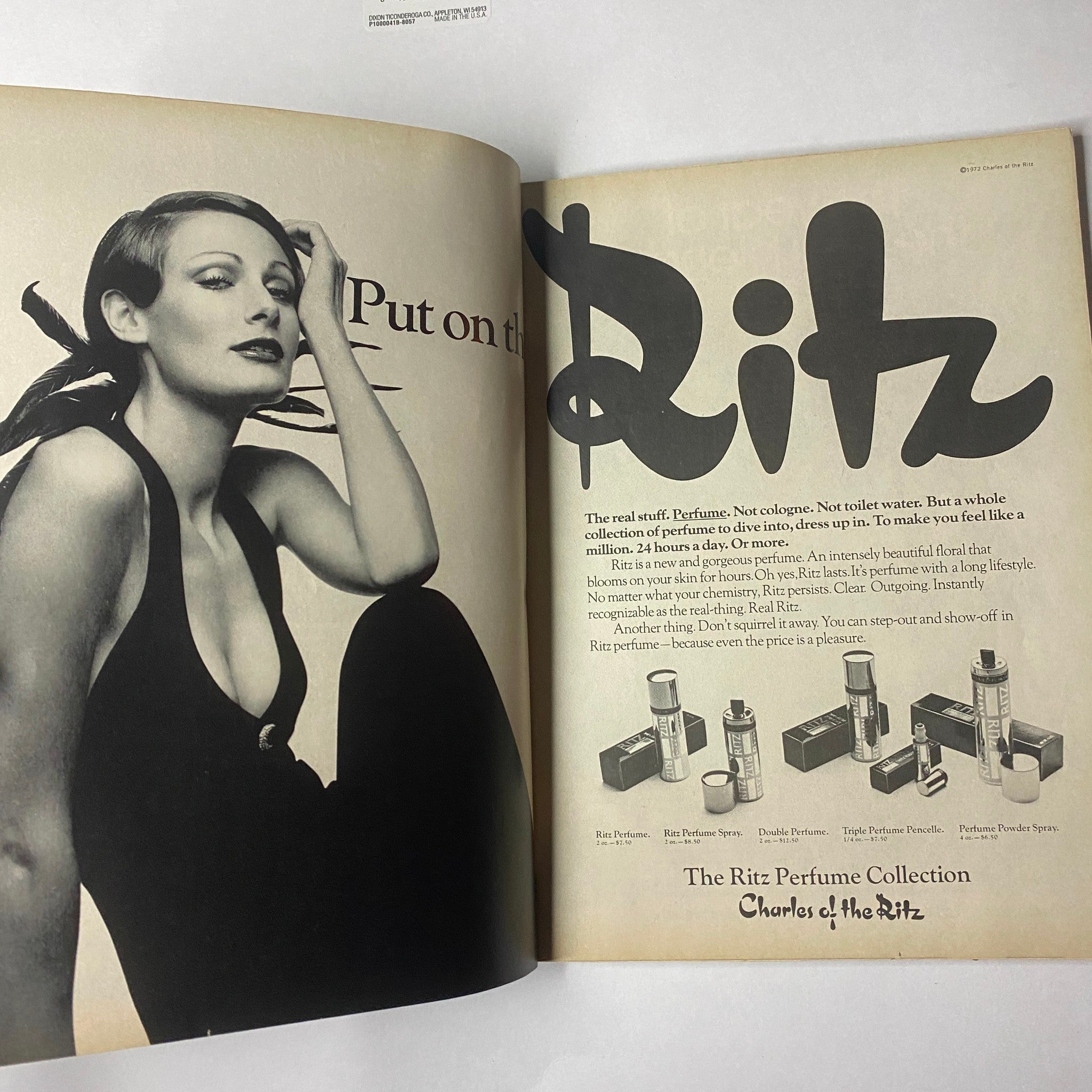 Ad page from Glamour Magazine June 1972 showcasing The Ritz Perfume Collection, emphasizing luxury and beauty products of the time.