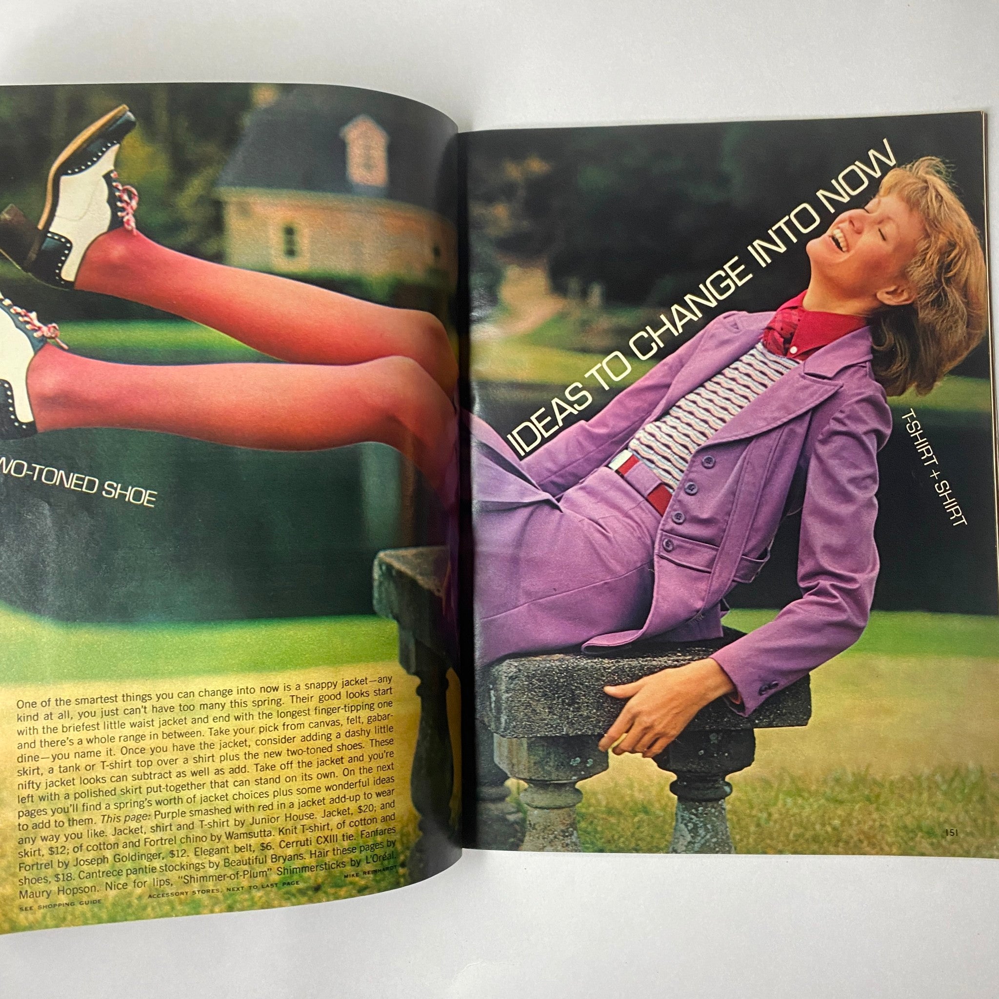 Fashion spread from Glamour Magazine March 1972 showcasing outfit ideas, featuring a model in a stylish purple suit and a playful visual setting. Cover Look by Mike Reinhardt.
