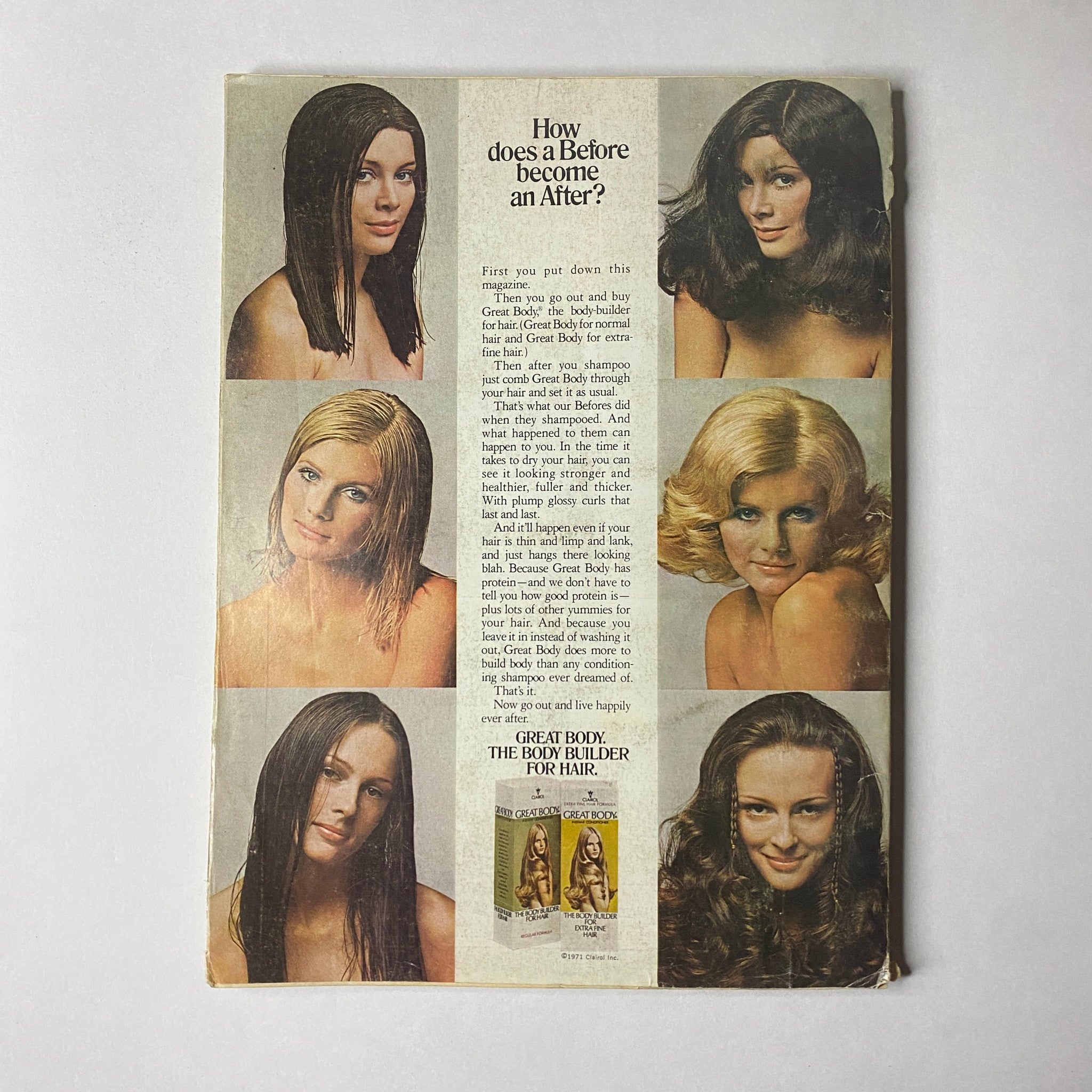 Back cover of Glamour Magazine March 1972 displaying a beauty advertisement with models showcasing different hairstyles. Cover Look by Mike Reinhardt.