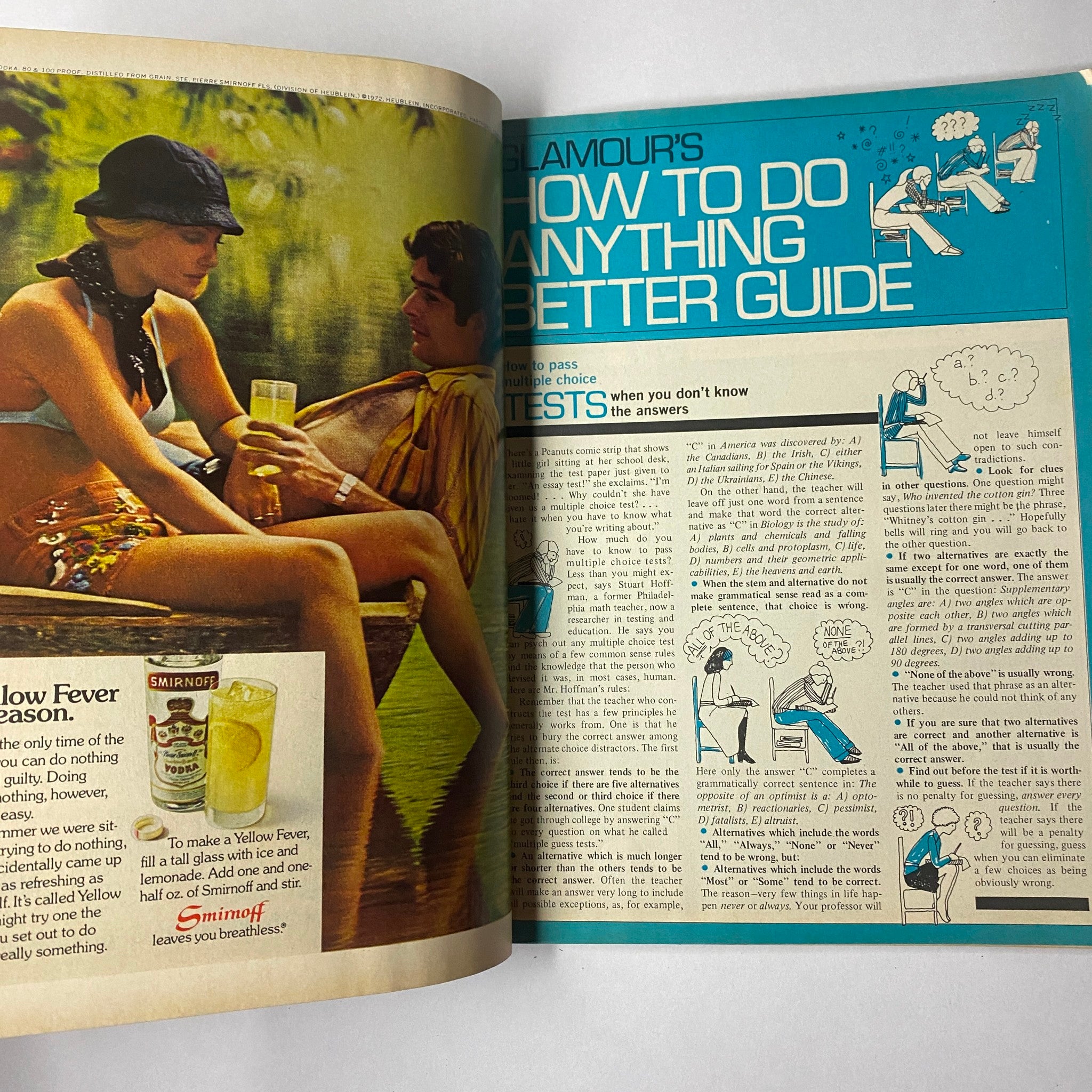 Glamour Magazine August 1972 featuring an image from the article 'How to Do Anything Better Guide,' showcasing a person relaxing in a stylish setting. Vintage fashion advice and lifestyle tips are highlighted in this early 1970s publication.