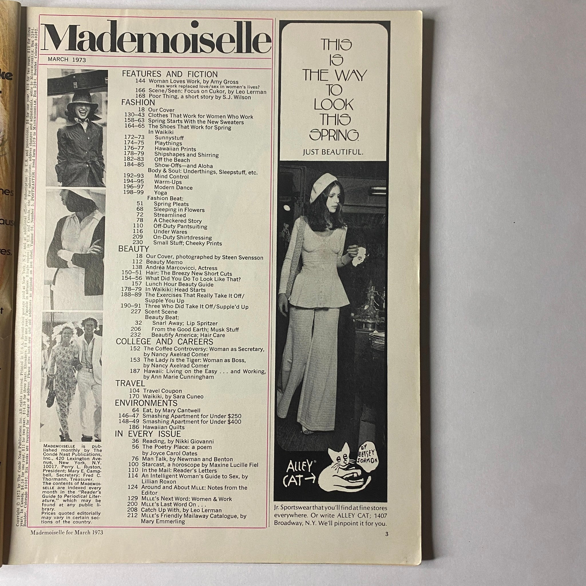 Table of contents page from Mademoiselle Magazine, March 1973, presenting features and articles including 'Woman Loves Work' and fashion highlights.