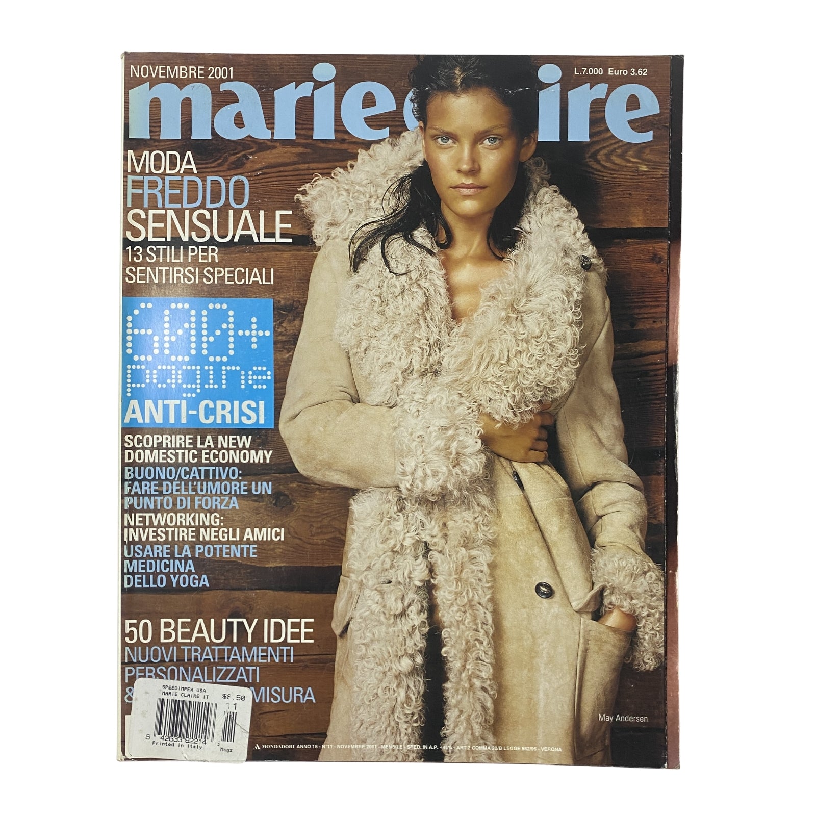 Cover of Marie Claire Italia, November 2001 issue featuring model May Andersen in a stylish fur coat, highlighting 'Sensual Cold Fashion' theme.