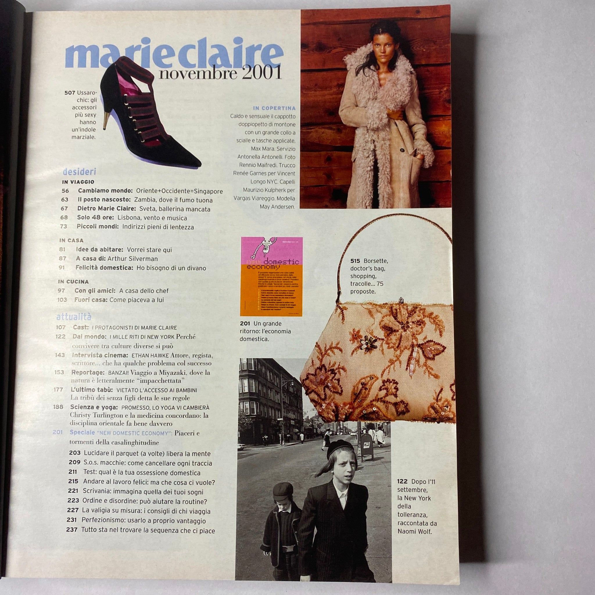 Interior page of Marie Claire Italia, November 2001, displaying fashion highlights including a stylish shoe and accessories alongside model May Andersen.