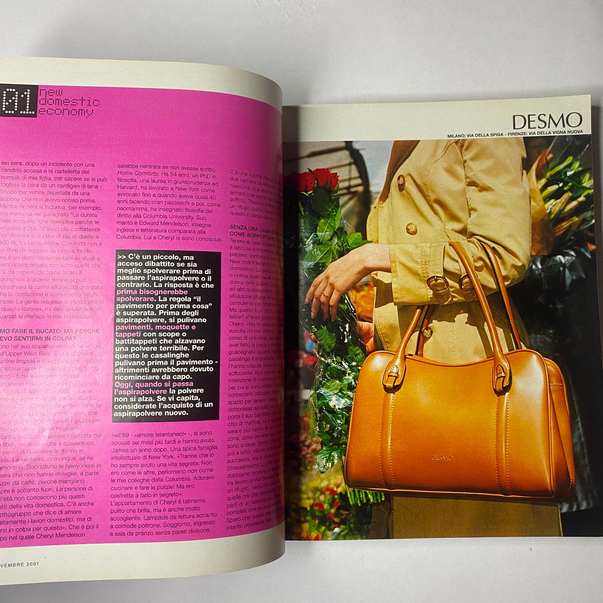 Marie Claire Italia Magazine November 2001 May Andersen Cover emphasizing modern domestic economy concepts through fashionable accessories and lifestyle.