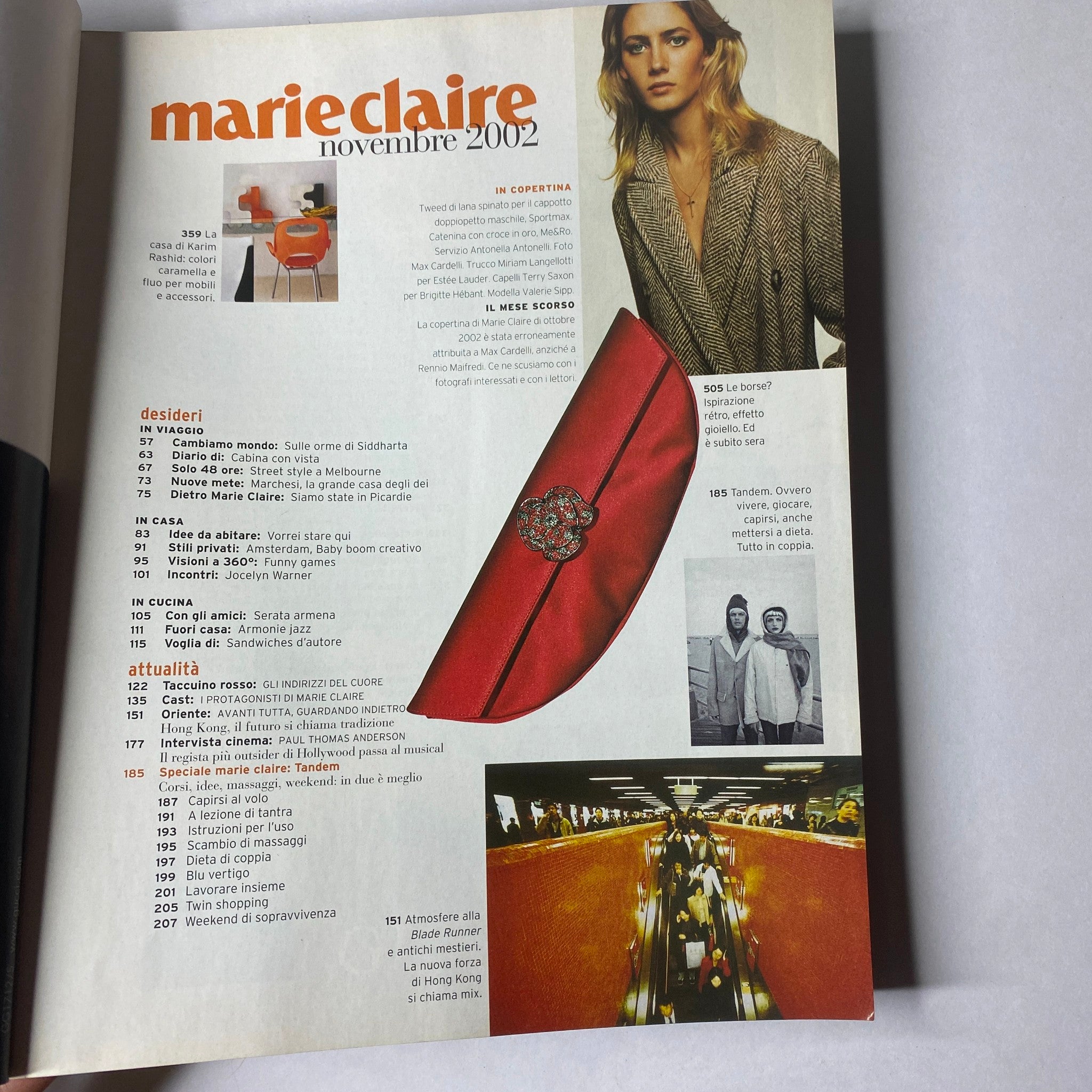 Contents page of Marie Claire Italia Magazine, November 2002, showcasing featured articles including fashion, travel, and lifestyle.