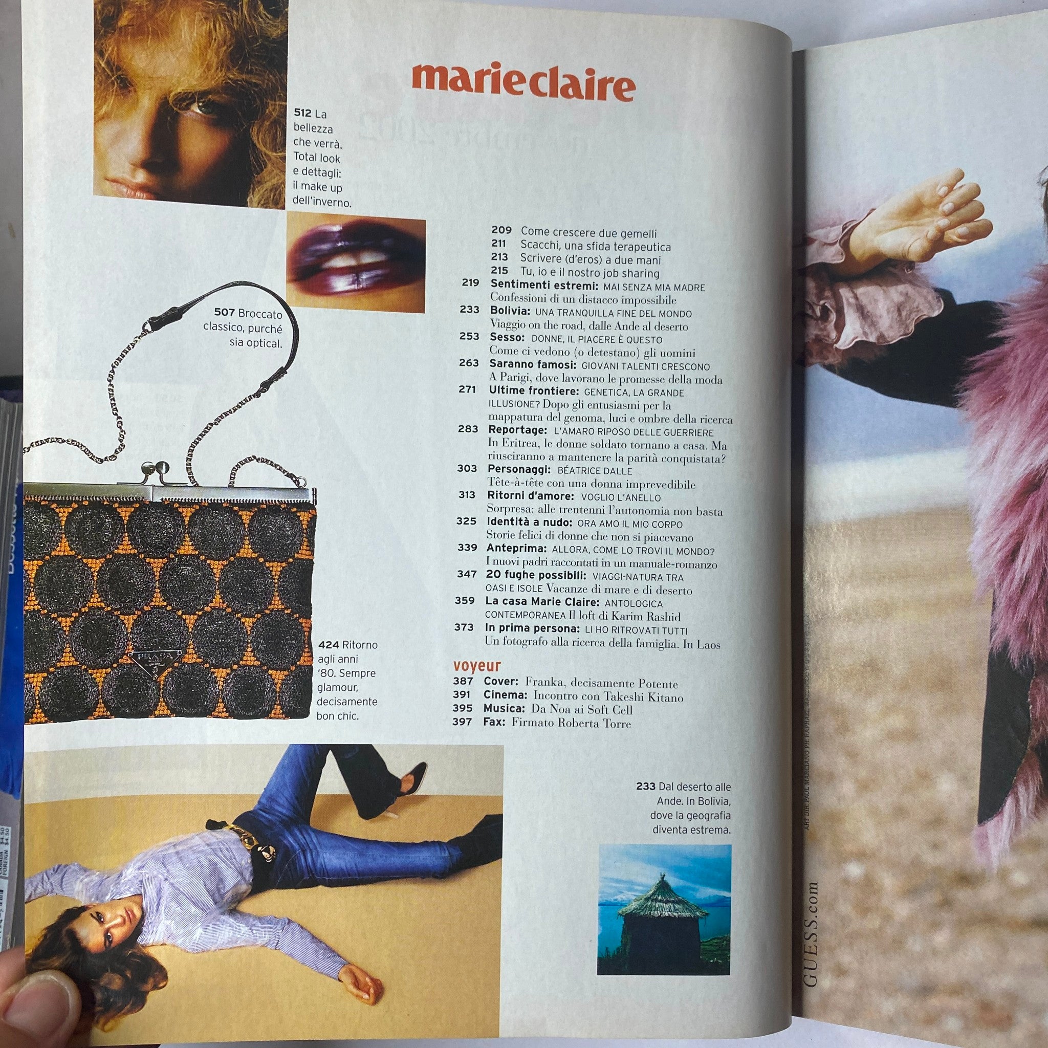 Editorial spread from Marie Claire Italia Magazine, November 2002, featuring designer fashion and accessories.