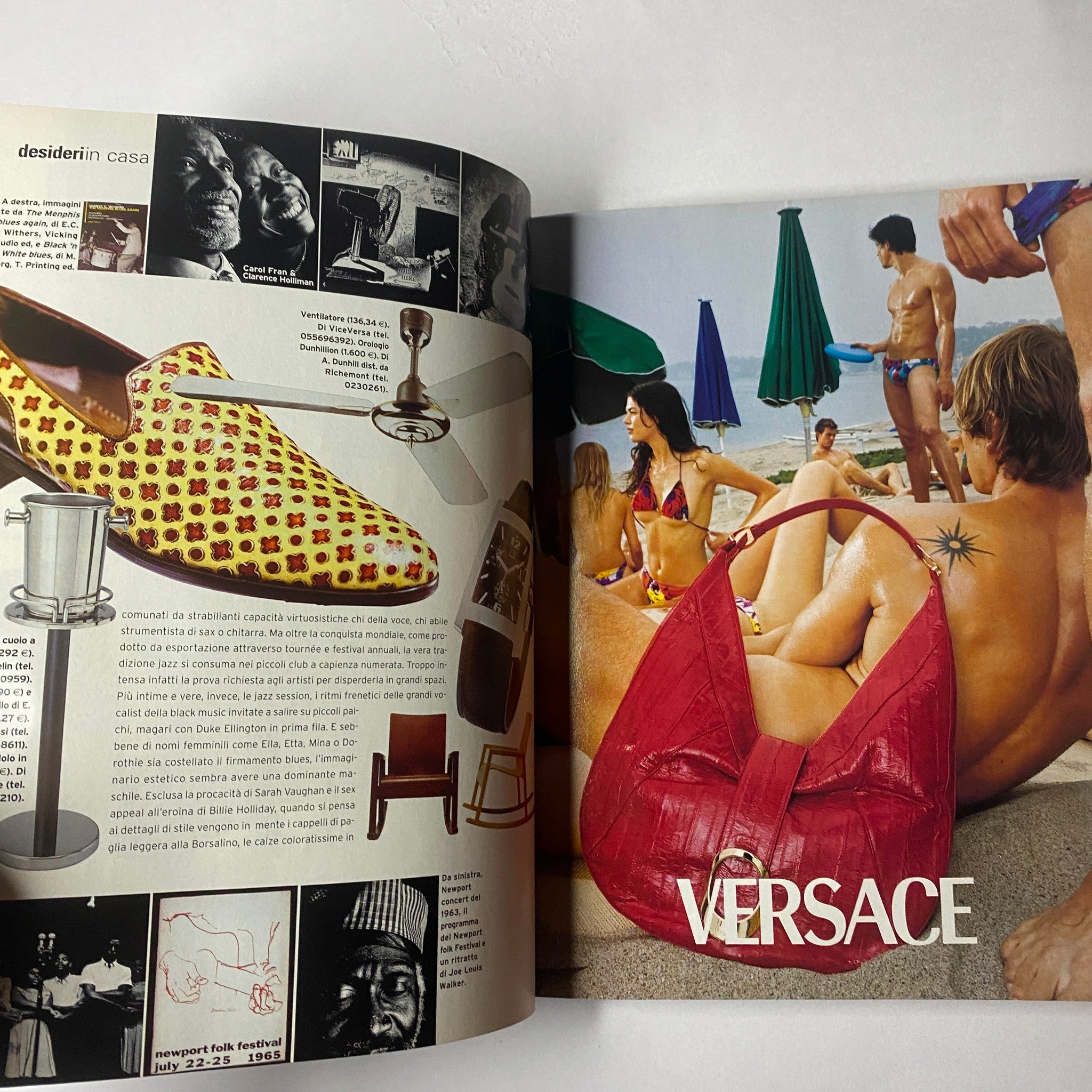 Magazine spread from Marie Claire Italia February 2002 featuring Versace fashion advertisement and vibrant beach lifestyle imagery. The content reflects on modern fashion and social identity.