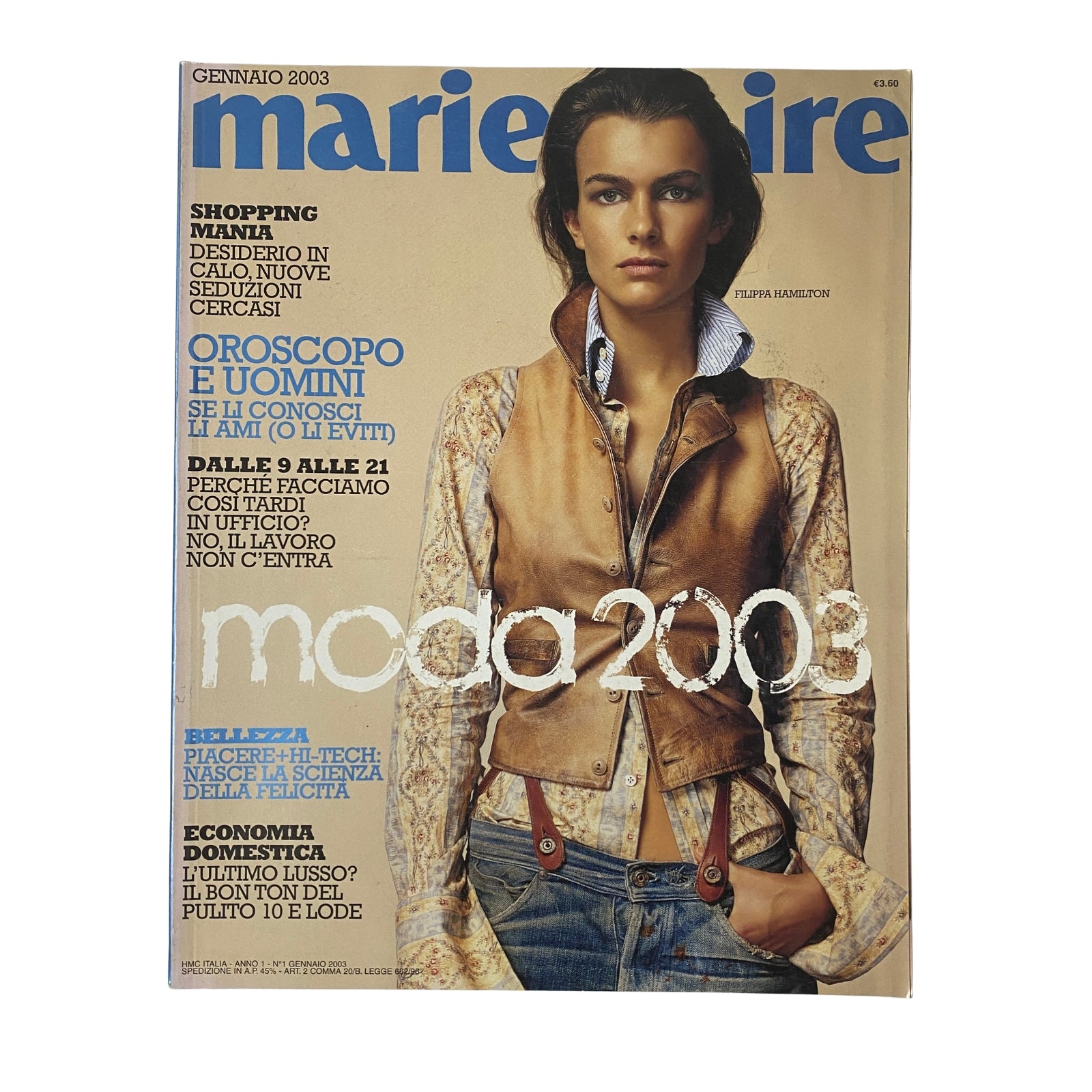 Marie Claire Italia January 2003 magazine cover featuring Filippa Hamilton in a fashion editorial, highlighting modern trends and cultural discussions.