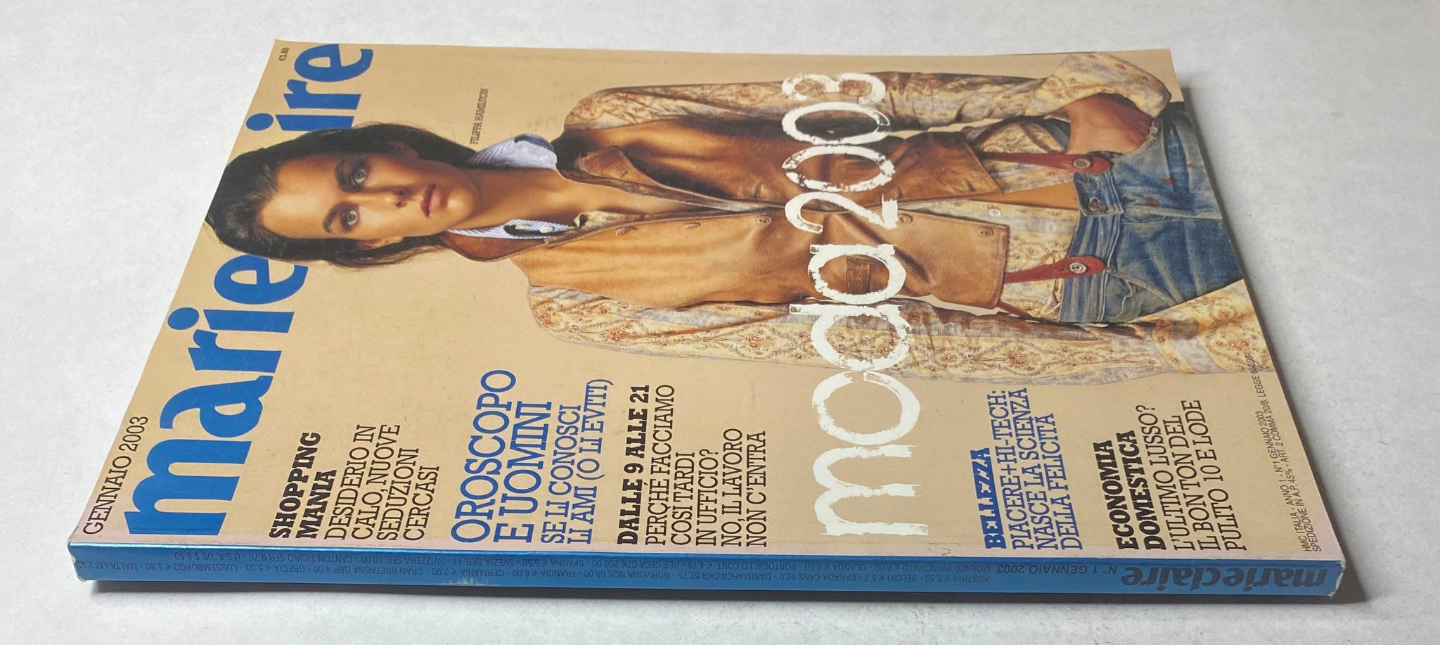 Side view of Marie Claire Italia January 2003 magazine showcasing Filippa Hamilton on the cover, emphasizing fashion and lifestyle topics.