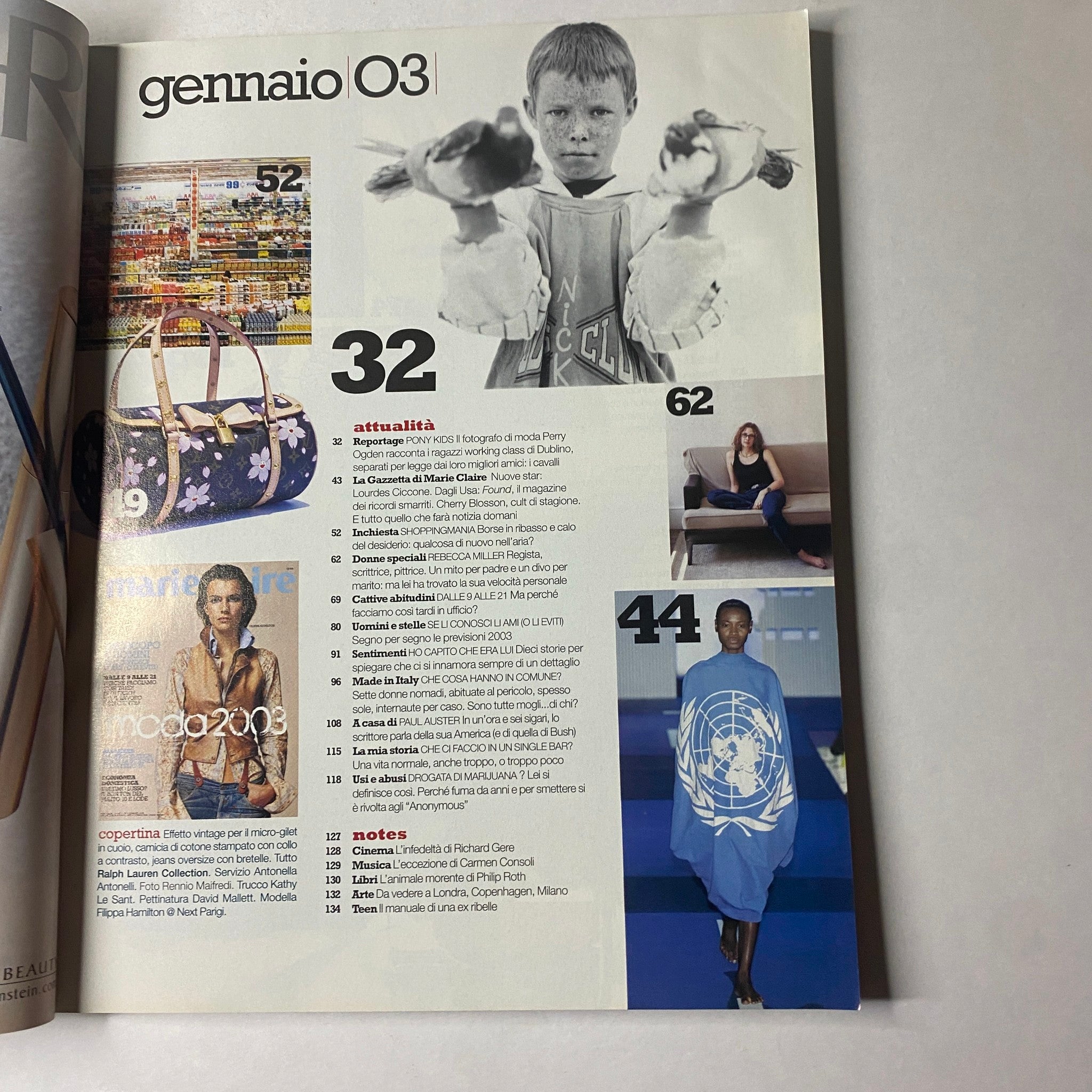 Inside page of Marie Claire Italia January 2003 magazine detailing contents including fashion, culture, and literary features, highlighting the contributions of various authors.