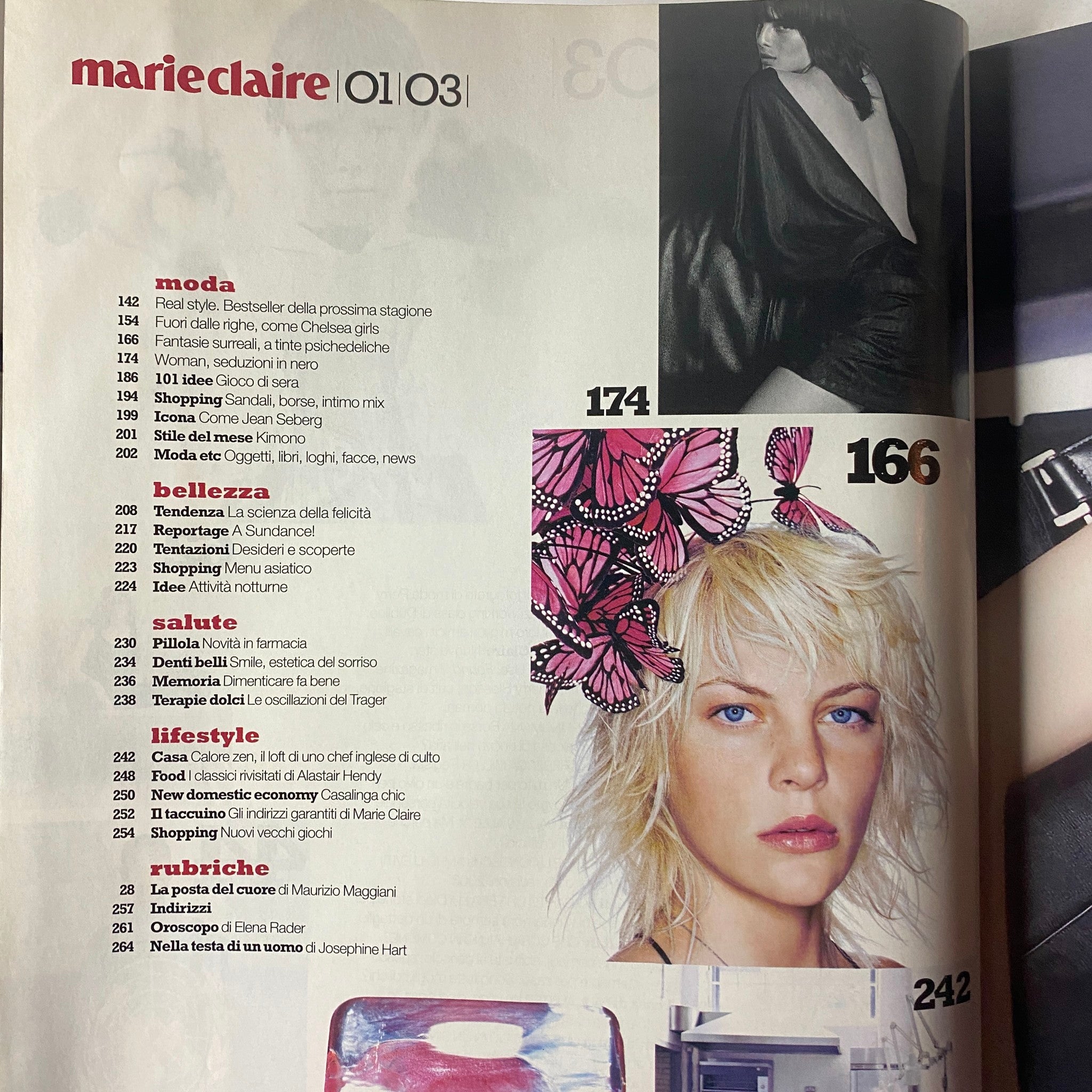 Table of contents from Marie Claire Italia January 2003 featuring fashion sections and highlights, including filippa Hamilton cover details.