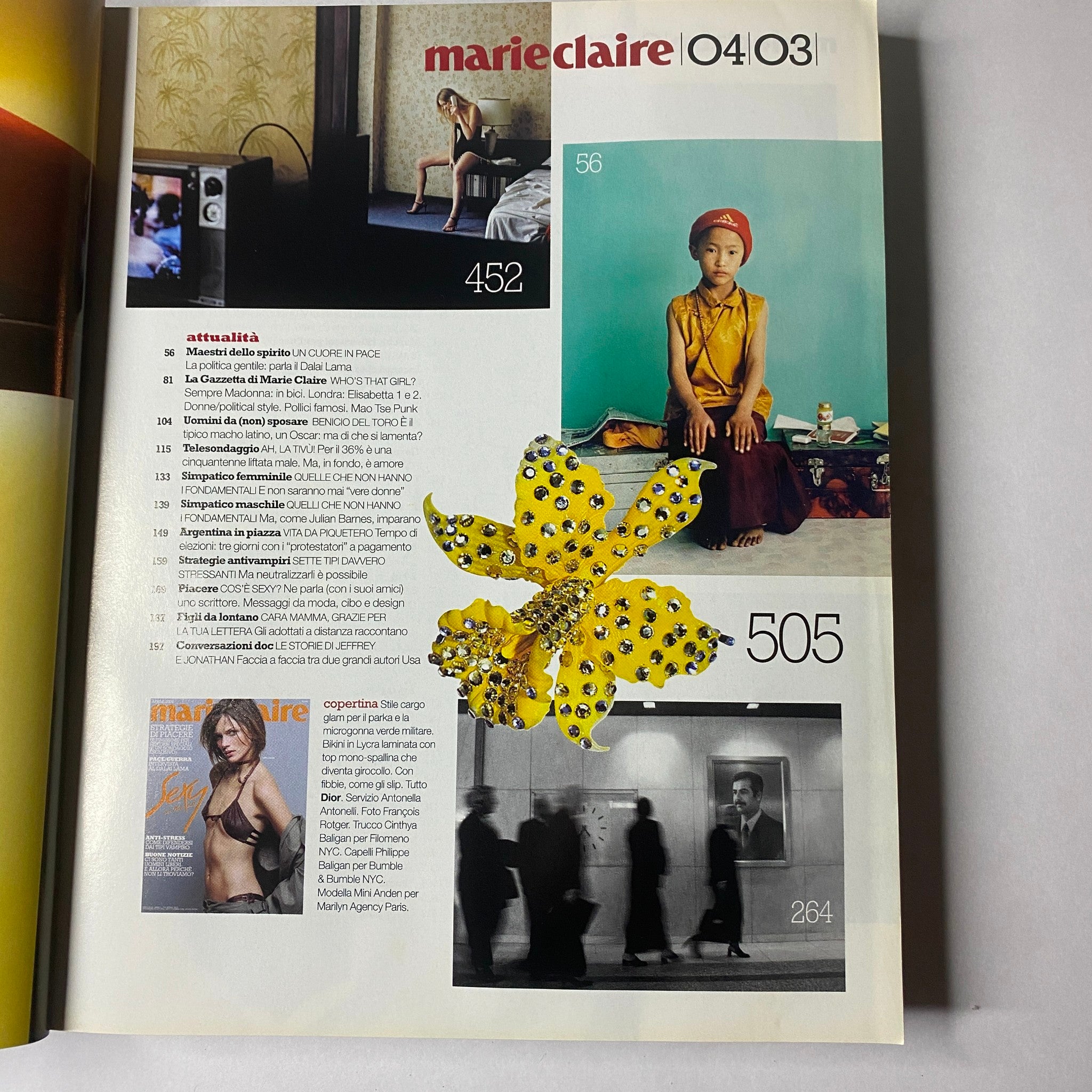 Inside page of Marie Claire Italia Magazine April 2003 displaying a colorful layout with details of featured articles, including photography and fashion topics.