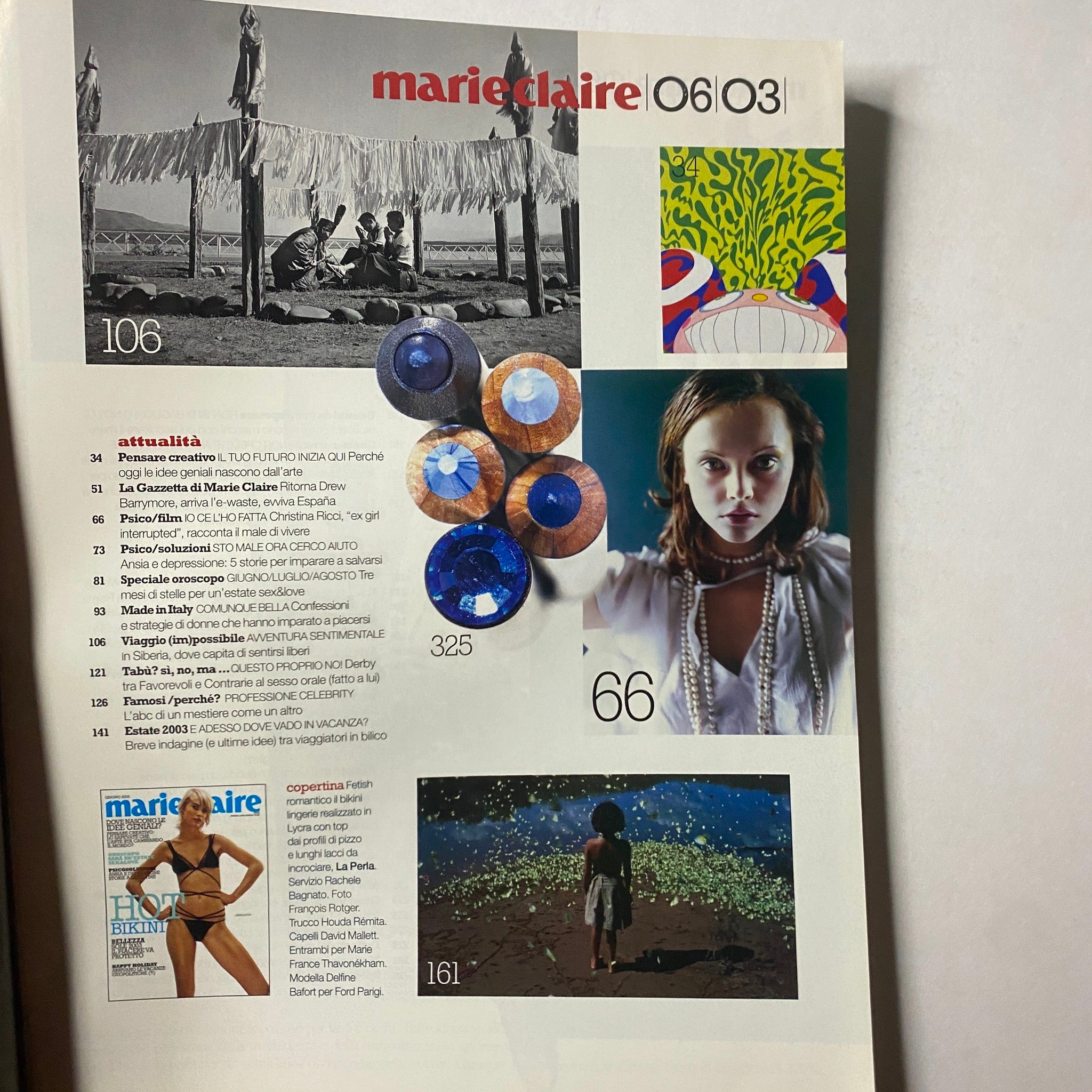 Interior page of Marie Claire Italia Magazine June 2003 displaying a collage of images, including fashion trends and the contents list highlighting articles on culture and editorial themes.