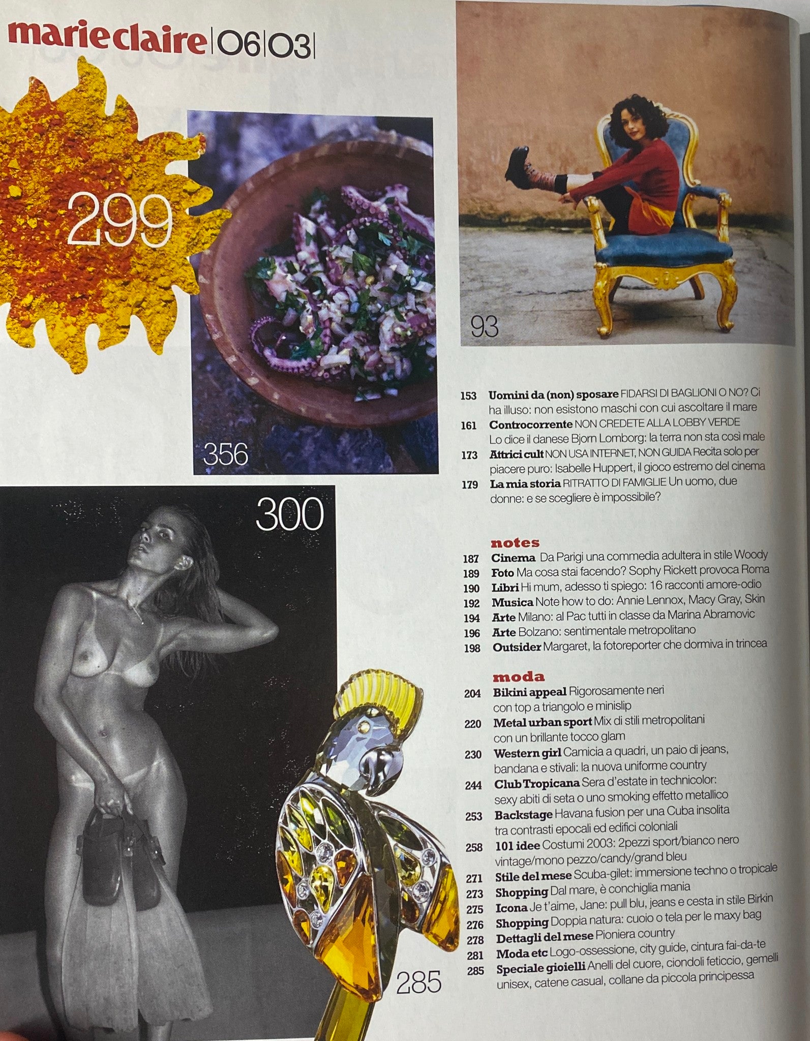 Another interior page of Marie Claire Italia Magazine June 2003 featuring artistic photography and a menu of magazine contents, showcasing the unique editorial style.
