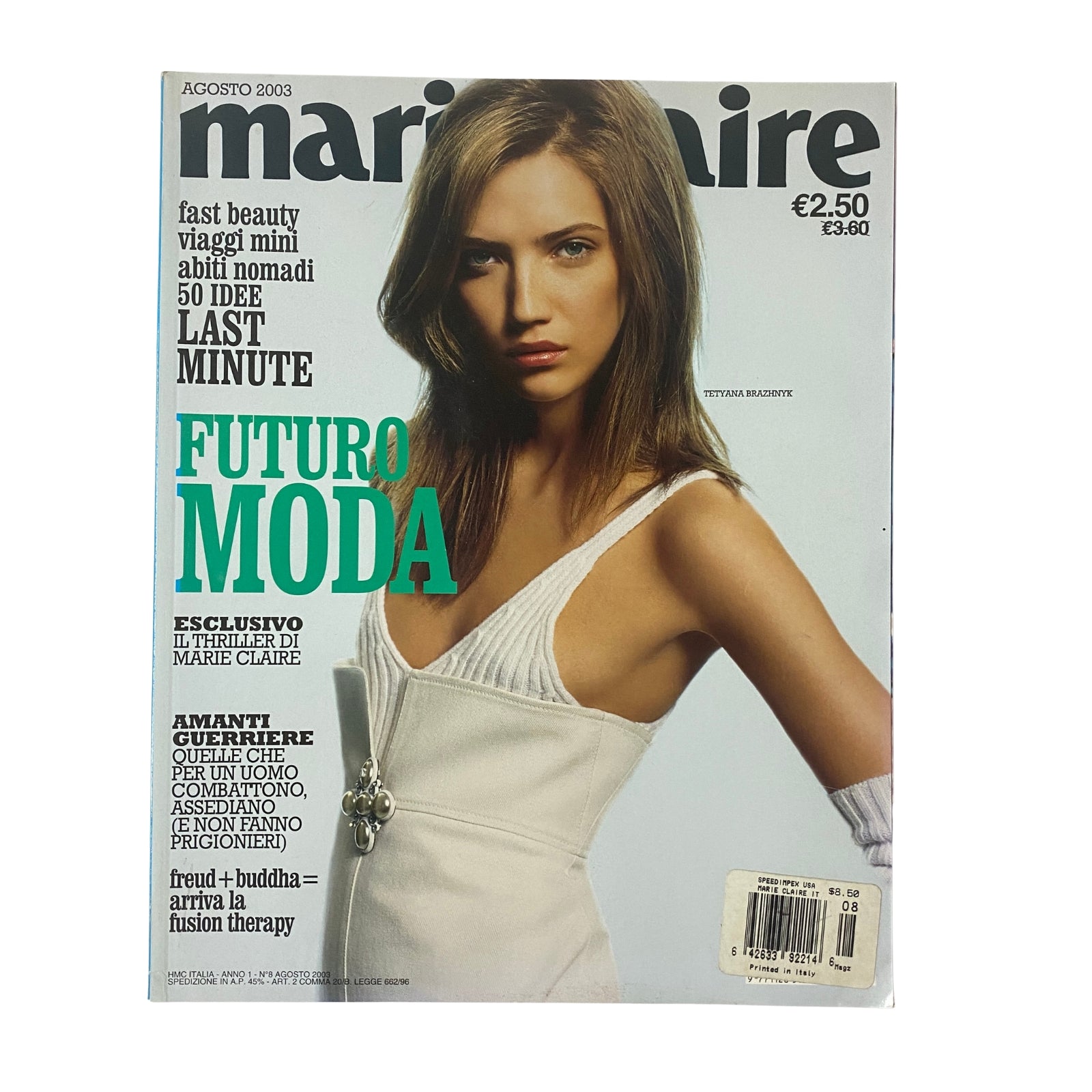 Marie Claire Italia Magazine August 2003 cover featuring model Tetyana Brazhnyk showcasing a white dress with a pendant, highlighting 50 fashion ideas and fast beauty tips.