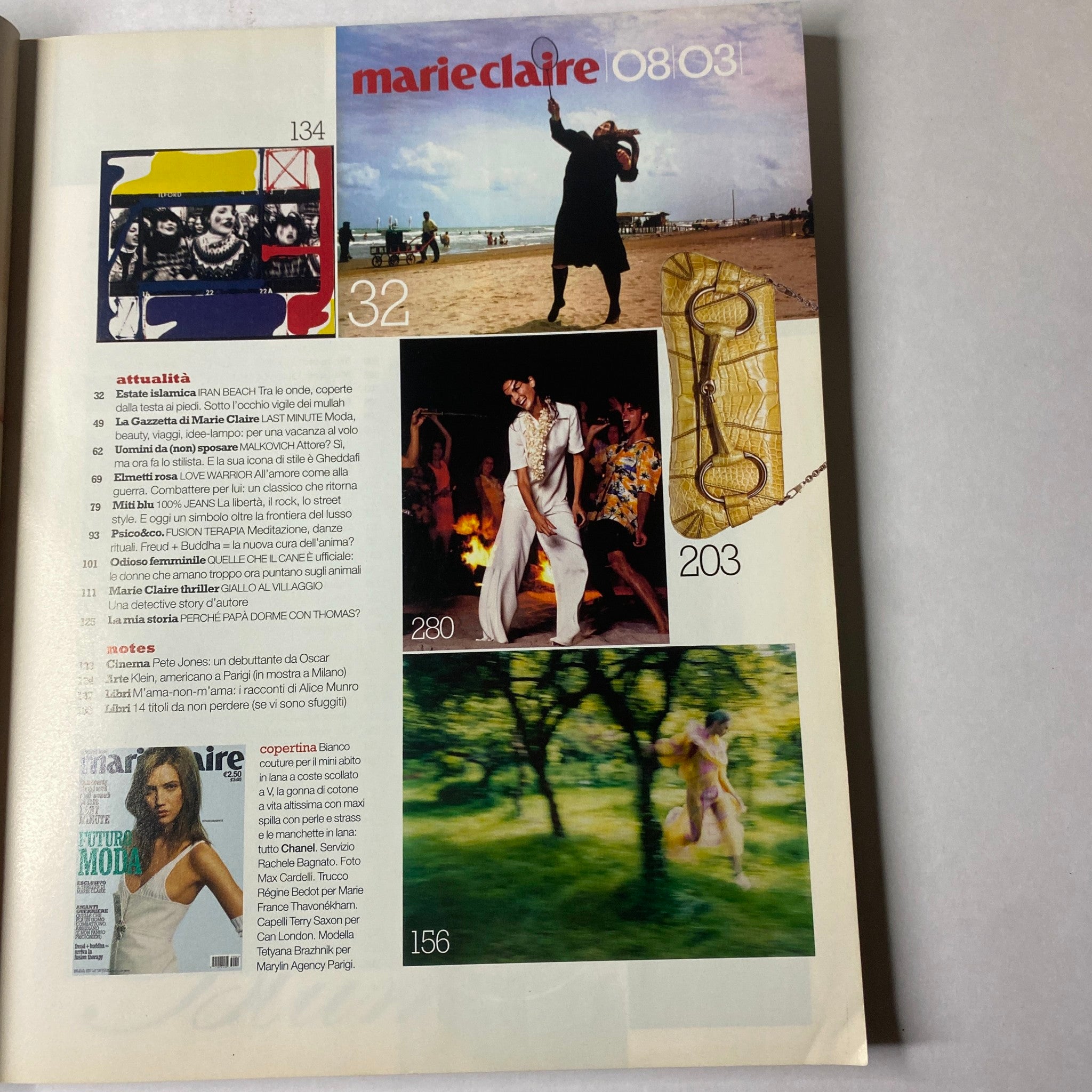 Inside page of Marie Claire Italia Magazine August 2003 displaying images and text from various articles, including fashion and current affairs.