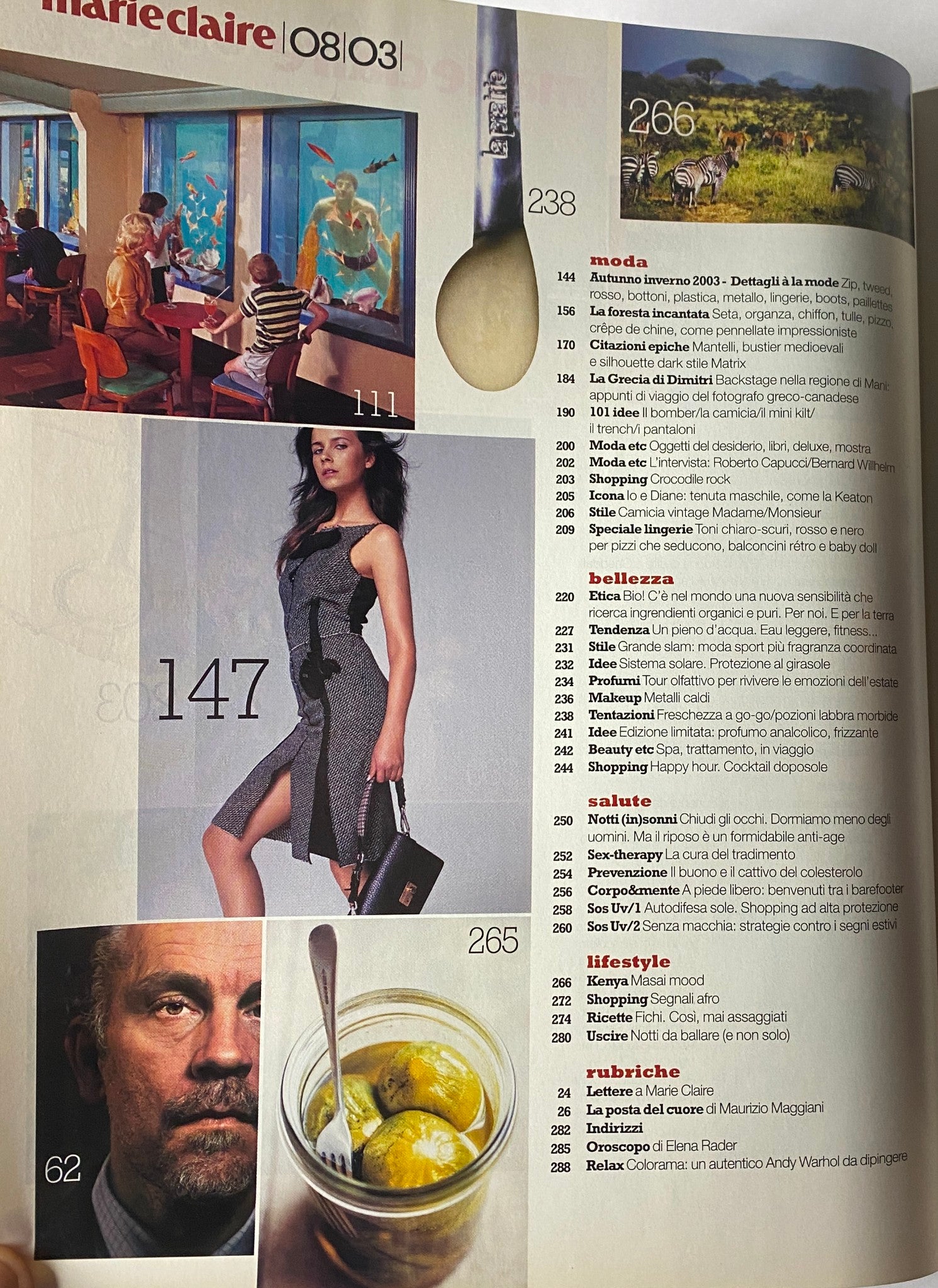 Another inside page of Marie Claire Italia Magazine August 2003 featuring editorial images and fashion highlights, showcasing the magazine's diverse content.