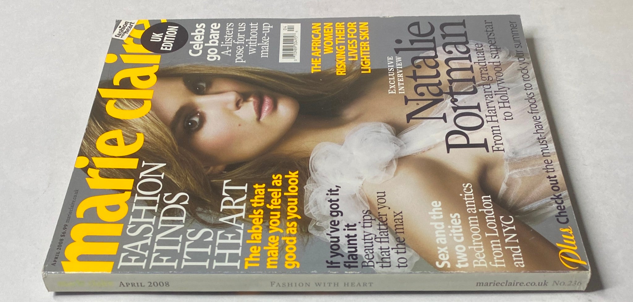 Side view of Marie Claire UK Magazine from April 2008 with Natalie Portman cover, emphasizing fashion trends and lifestyle articles.