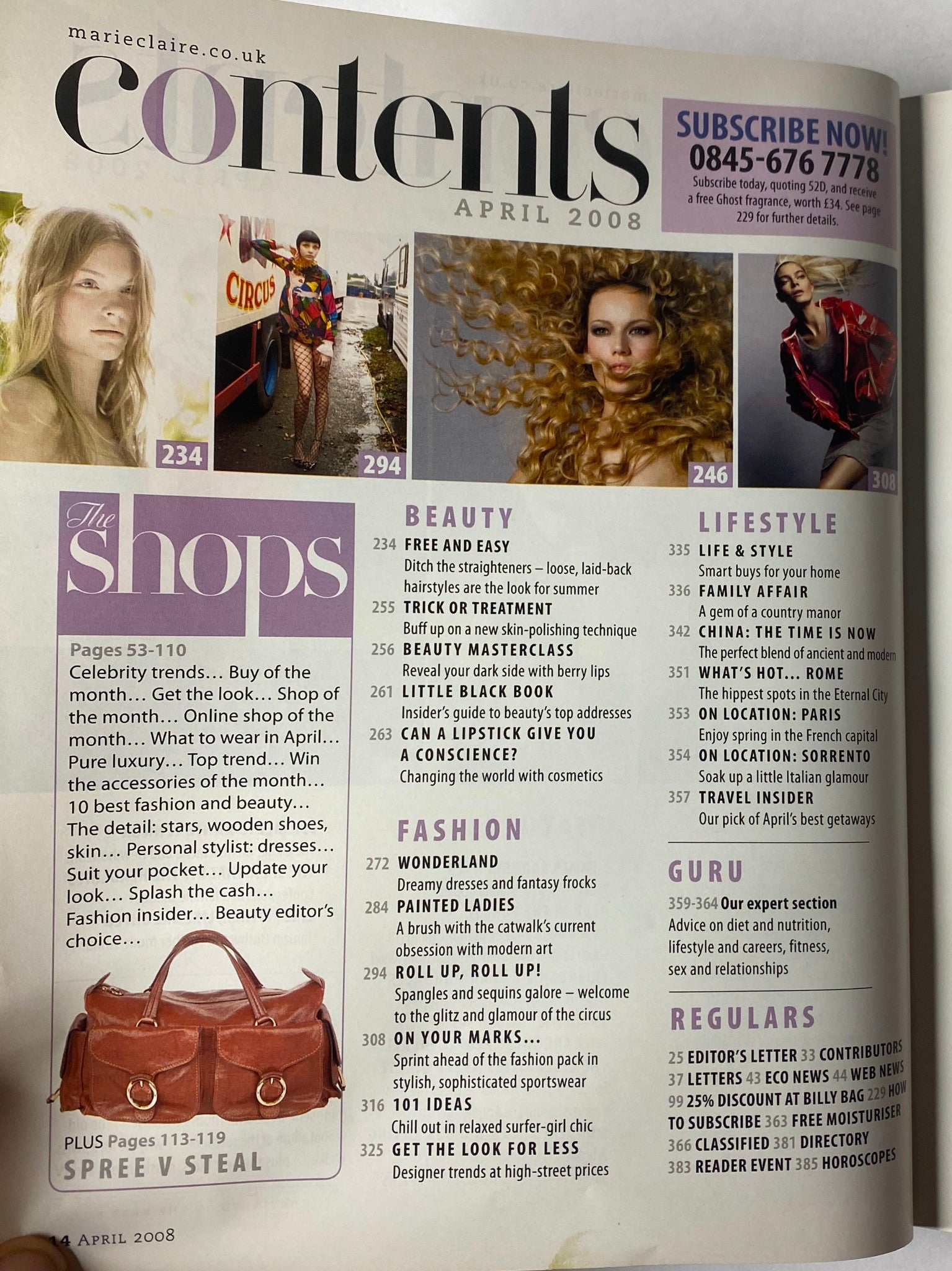 Contents page of Marie Claire UK Magazine April 2008, highlighting features including fashion, beauty, and celebrity trends.