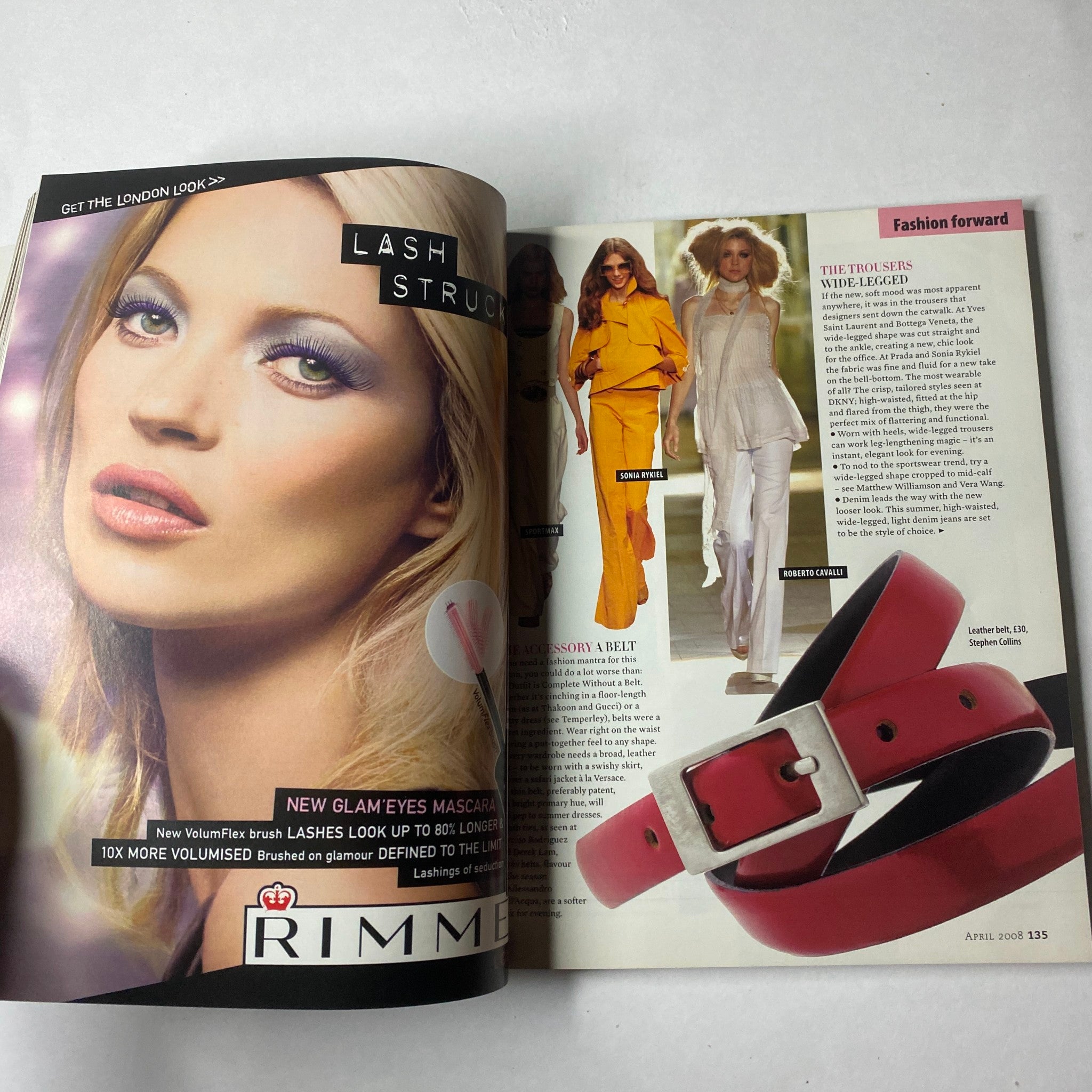 Inside page from Marie Claire UK Magazine April 2008 showcasing a fashion spread with makeup advertisement for Rimmel and style features, emphasizing the theme of 'Fashion Forward'.