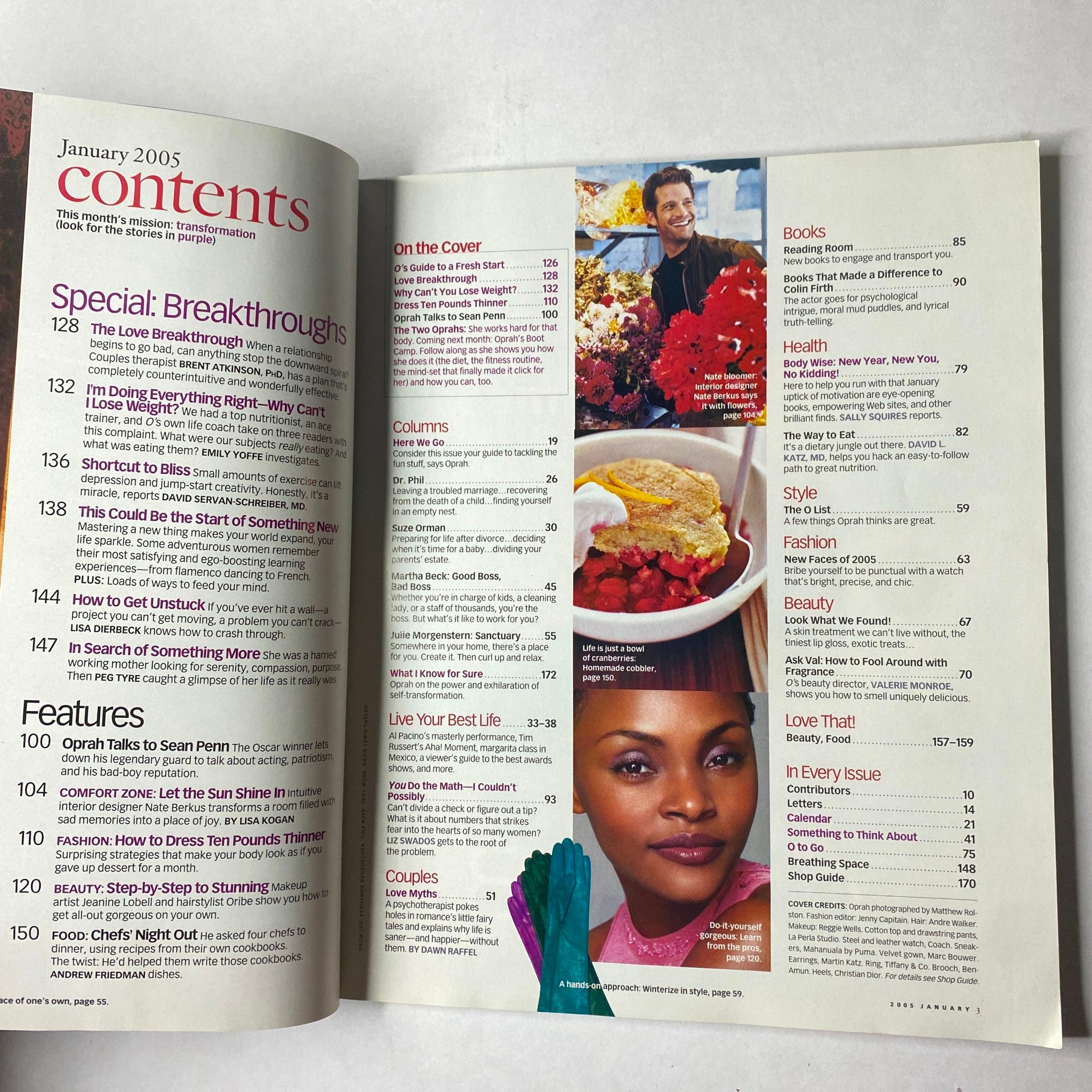 Contents page of The Oprah Magazine January 2005, highlighting features such as Sean Penn's interview, breakthrough articles, and a variety of lifestyle topics.