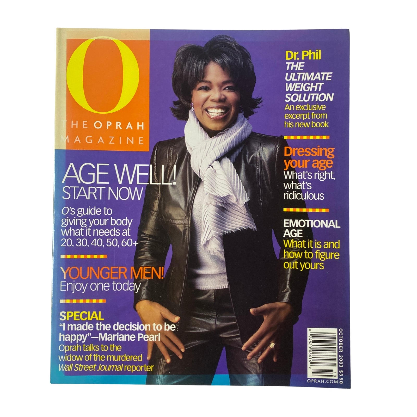 Cover of The Oprah Magazine October 2003 featuring Oprah Winfrey, headlines on aging, wellness, and interviews, highlighting the theme 'Age Well! Start Now.'