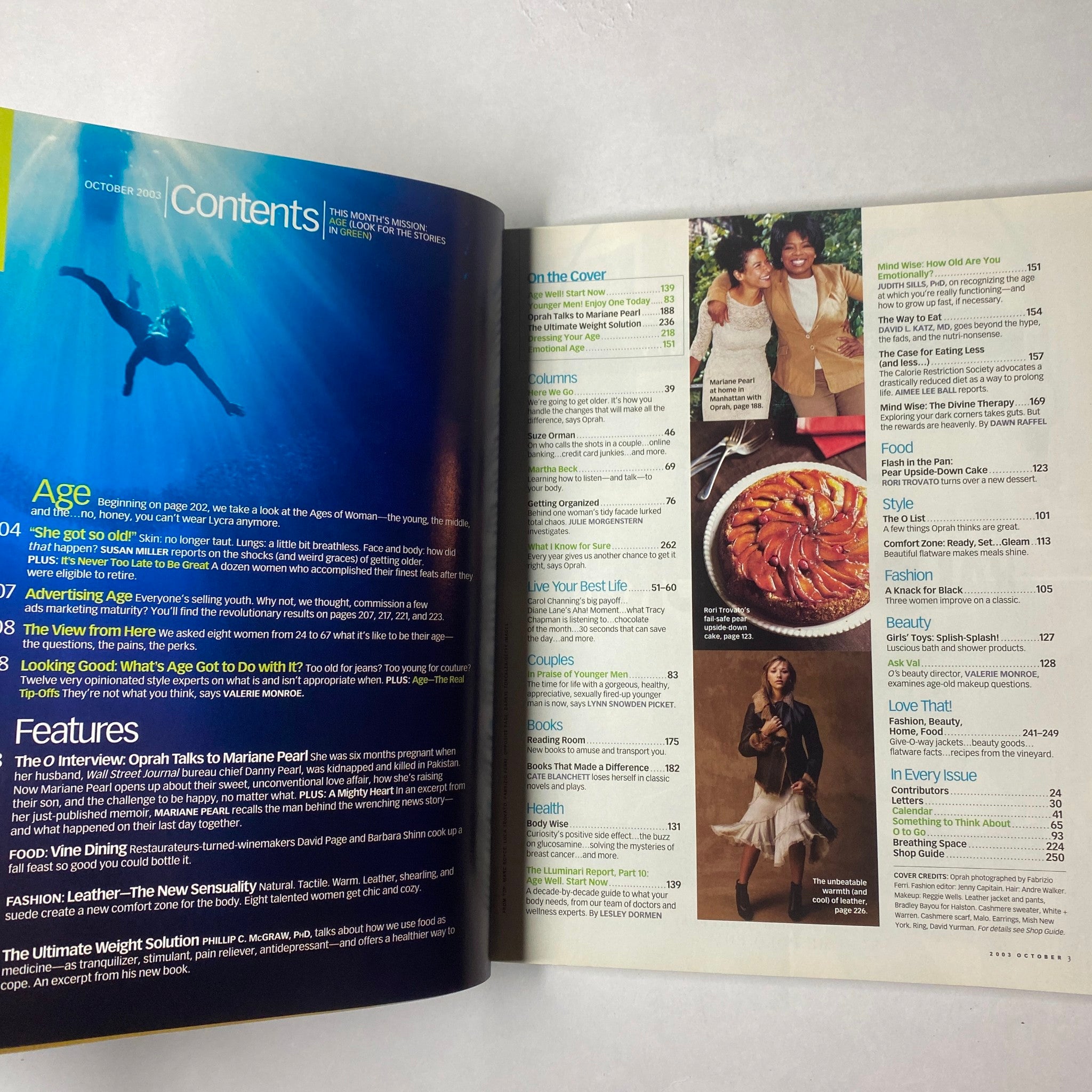 Table of contents from The Oprah Magazine October 2003, detailing features on age, food, fashion, and wellness.