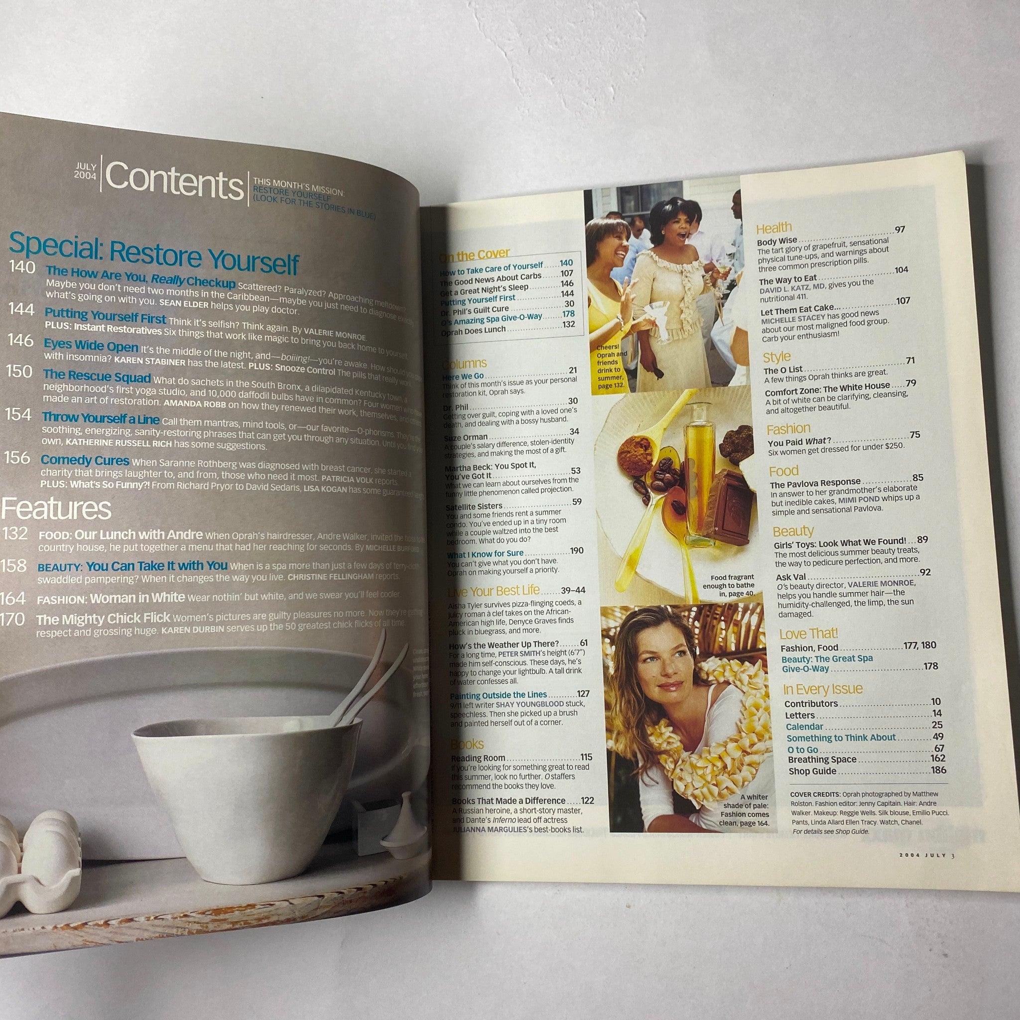 Inside page of The Oprah Magazine July 2004 displaying the contents section, highlighting features like 'Putting Yourself First' and 'The Rescue Squad'.