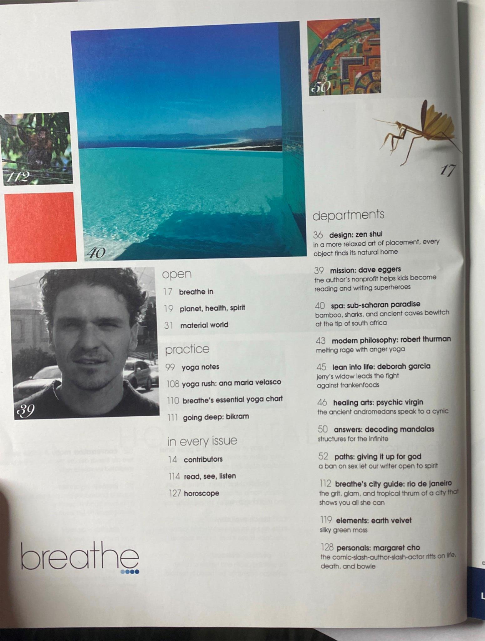 Open page of Breathe Magazine July - August 2005 showcasing vibrant imagery and articles on health, spirituality, and yoga practices.