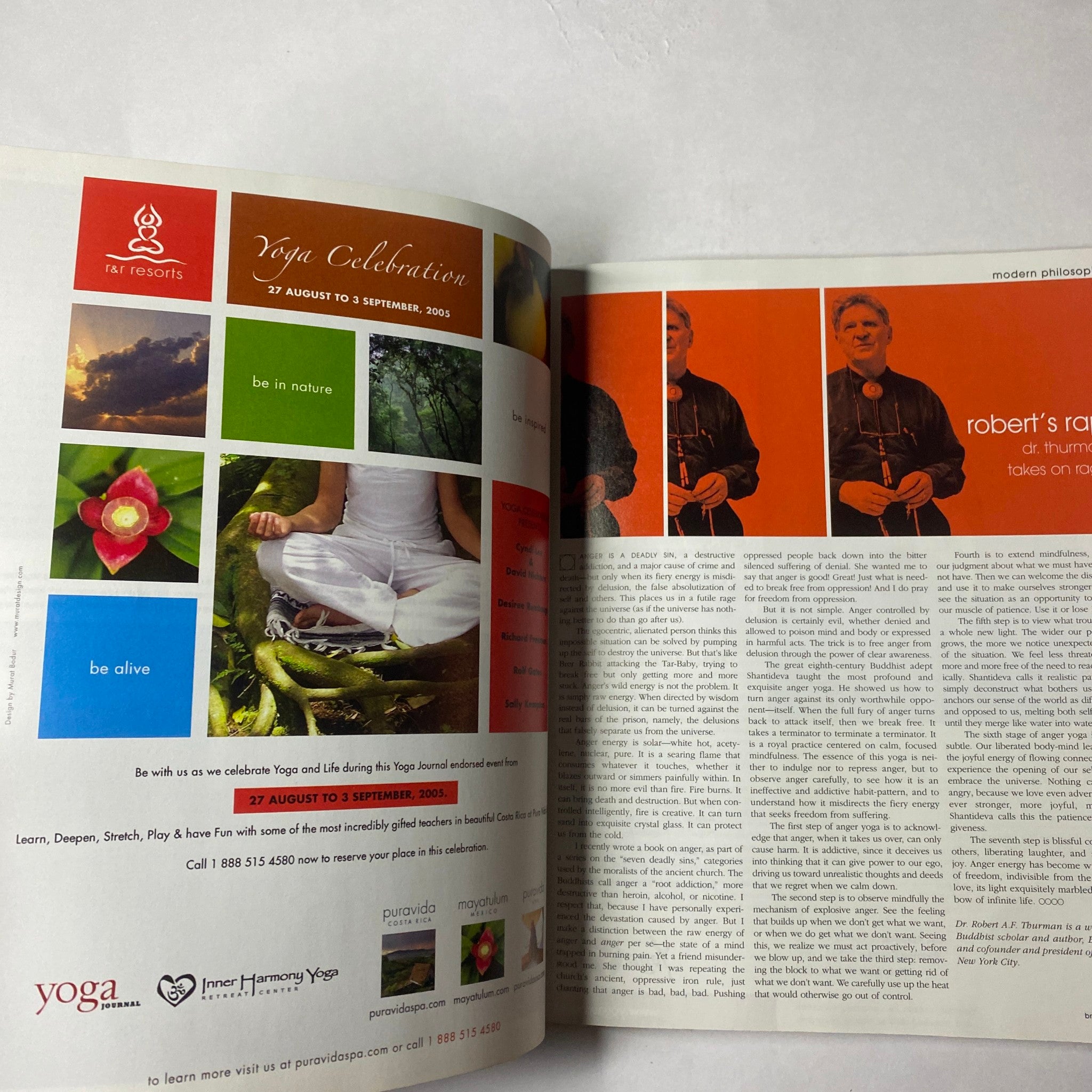 Yoga Celebration advertisement in Breathe Magazine July - August 2005 highlighting events promoting yoga and wellness.