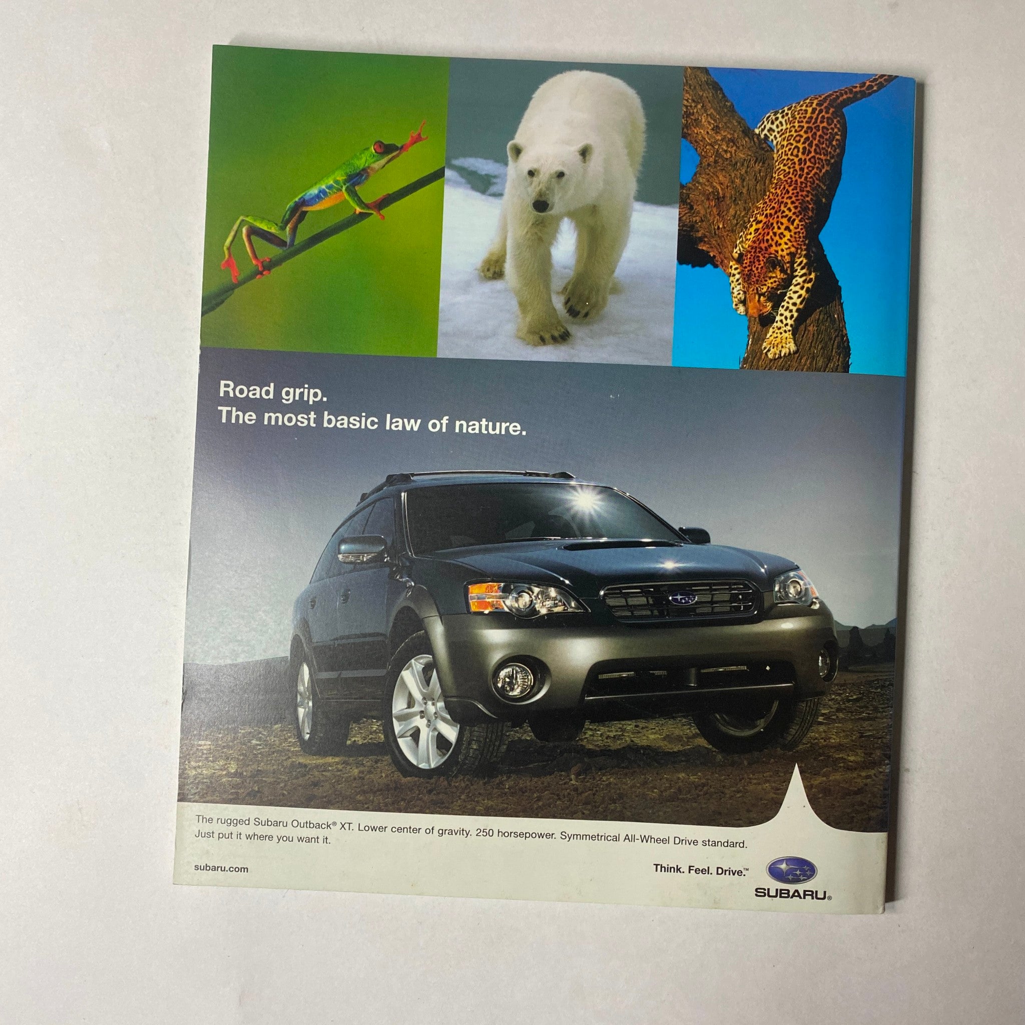 Subaru advertisement featured in Breathe Magazine July - August 2005, showcasing the versatility and safety of the Subaru Outback XT with images of wildlife.