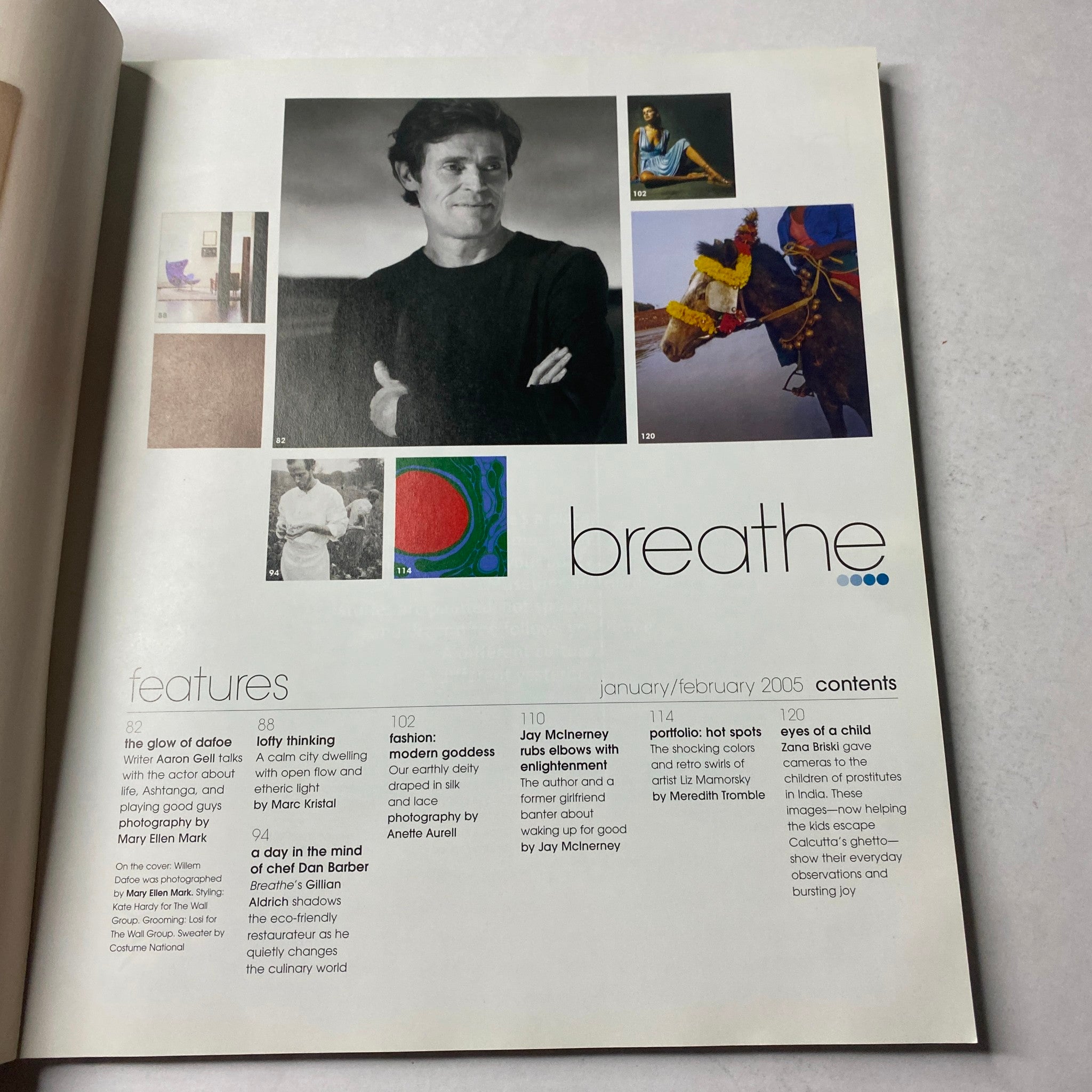 Interior page from Breathe Magazine January-February 2005 featuring the contents list and highlights with photos. This issue includes features like 'The Glow of Dafoe' and contributions from artists and writers related to mindful living.