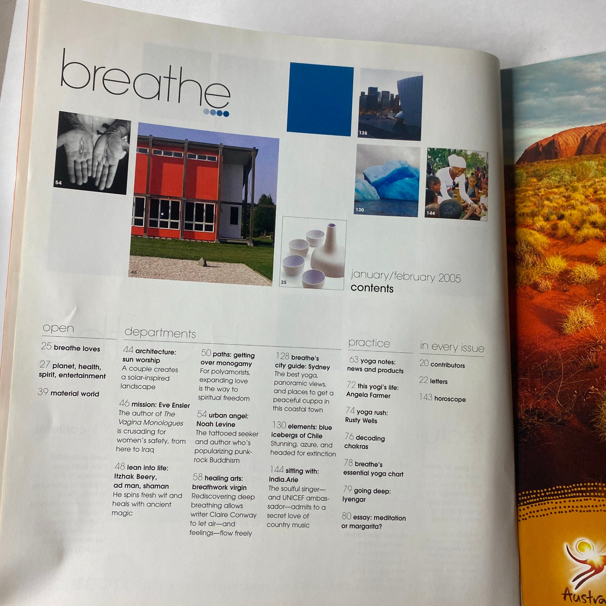 Another interior page from Breathe Magazine January-February 2005 showing departments such as 'Breathe Loves' and 'Practice in Every Issue'. Highlights eco-conscious themes and wellness content.
