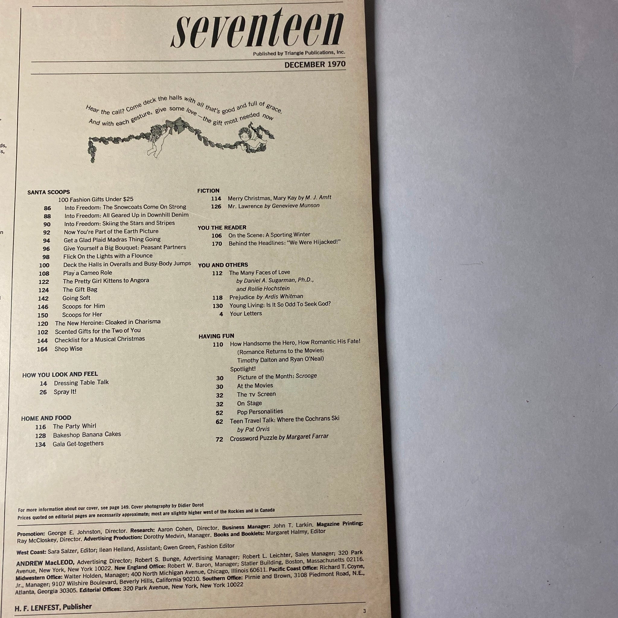 Inside page of Seventeen Magazine, December 1970 displaying the table of contents. It outlines various articles and features, highlighting seasonal fashion, beauty tips, and holiday-themed stories.
