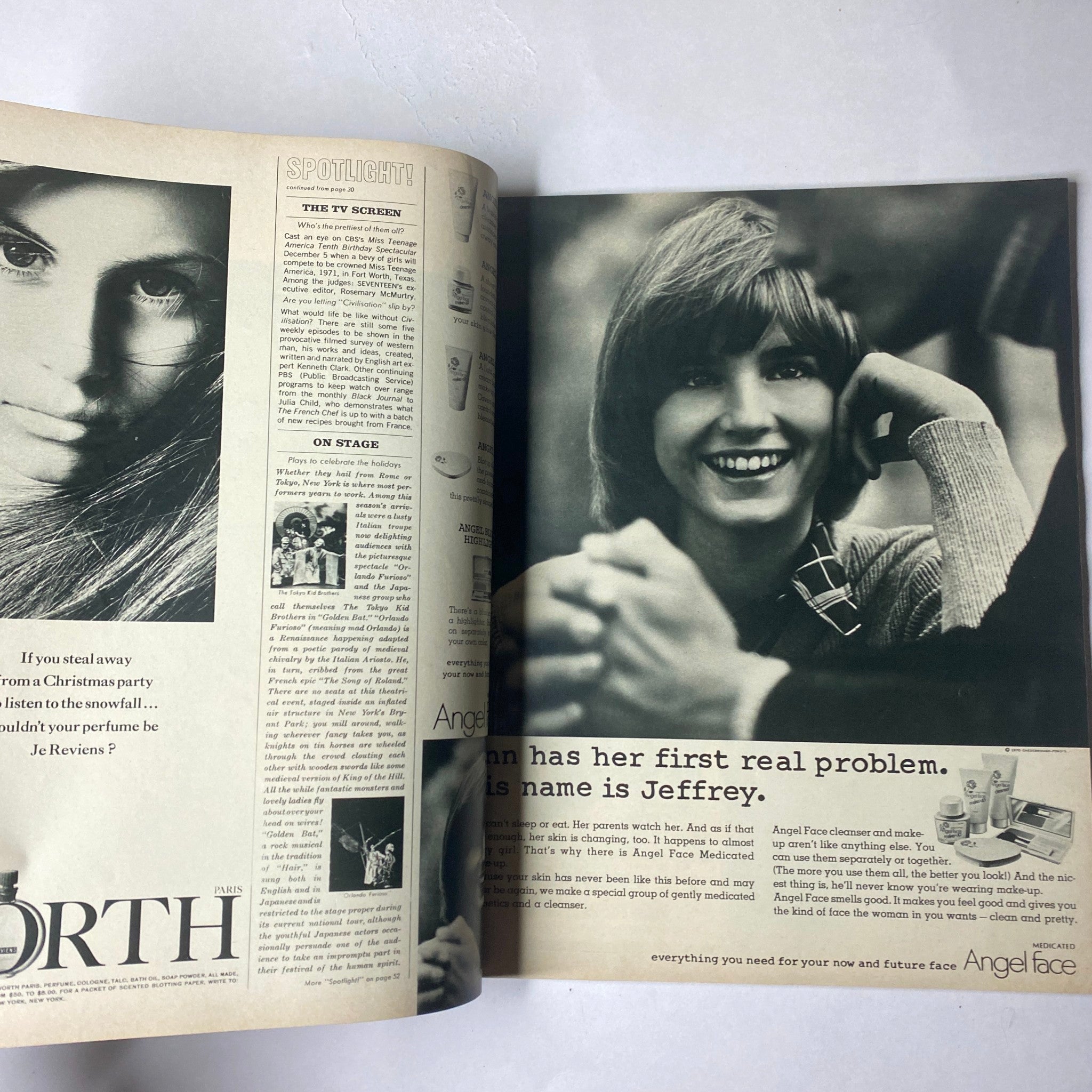 A promotional advertisement from Seventeen Magazine, December 1970 titled 'Angel Face' featuring a young woman and highlighting beauty products. The content focuses on teenage beauty and personal care.