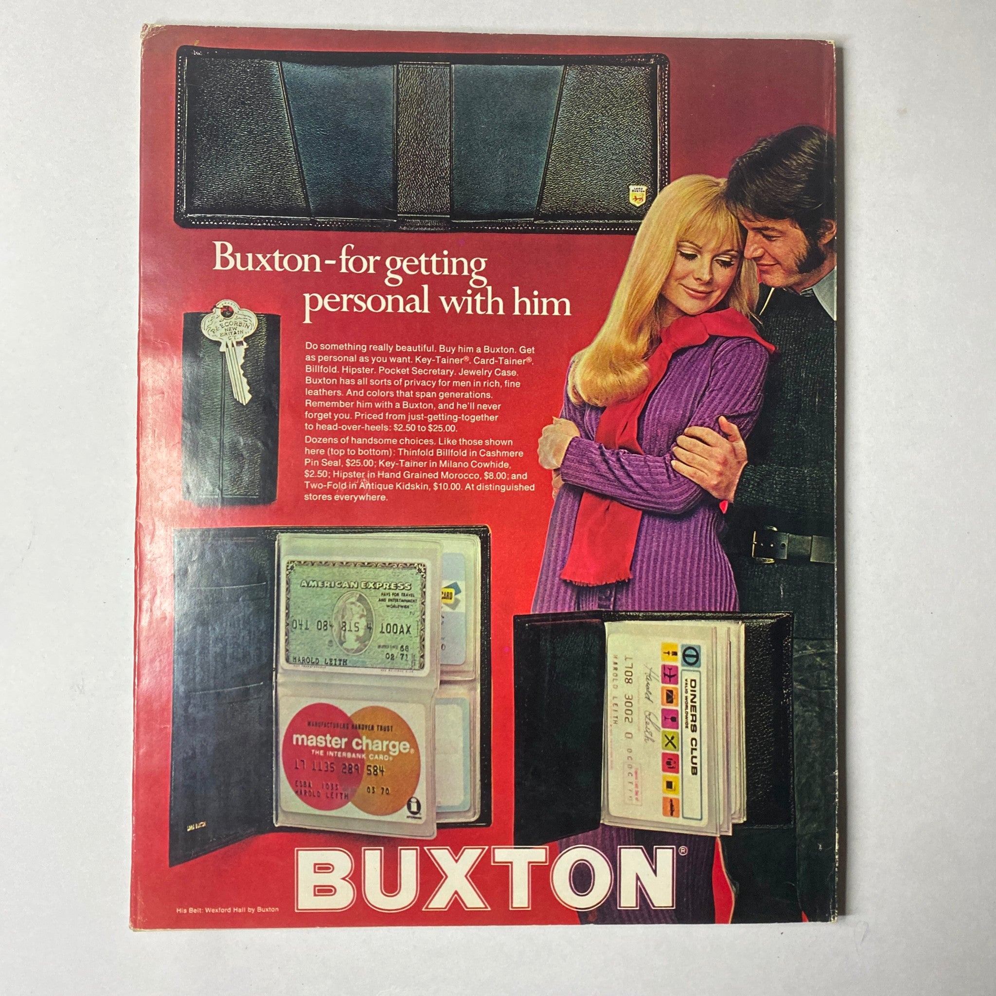 Advertise page from Seventeen Magazine, December 1970 promoting 'Buxton' products. It displays various wallets and accessories designed for convenience and personal style.