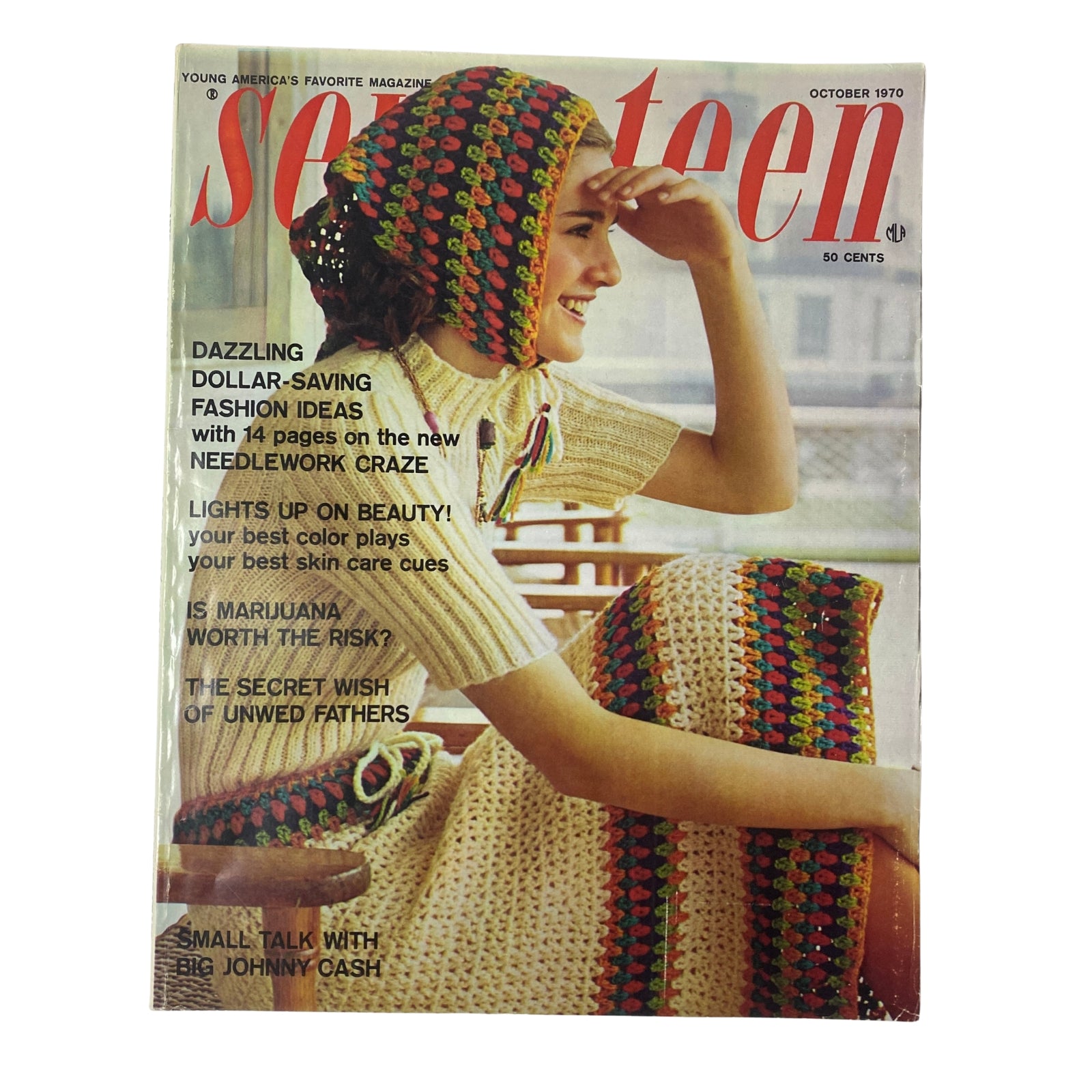 Seventeen Magazine cover from October 1970 titled 'The Secret Wish of Unwed Fathers', featuring a model in a knitted outfit with colorful accessories, promoting fashion ideas.