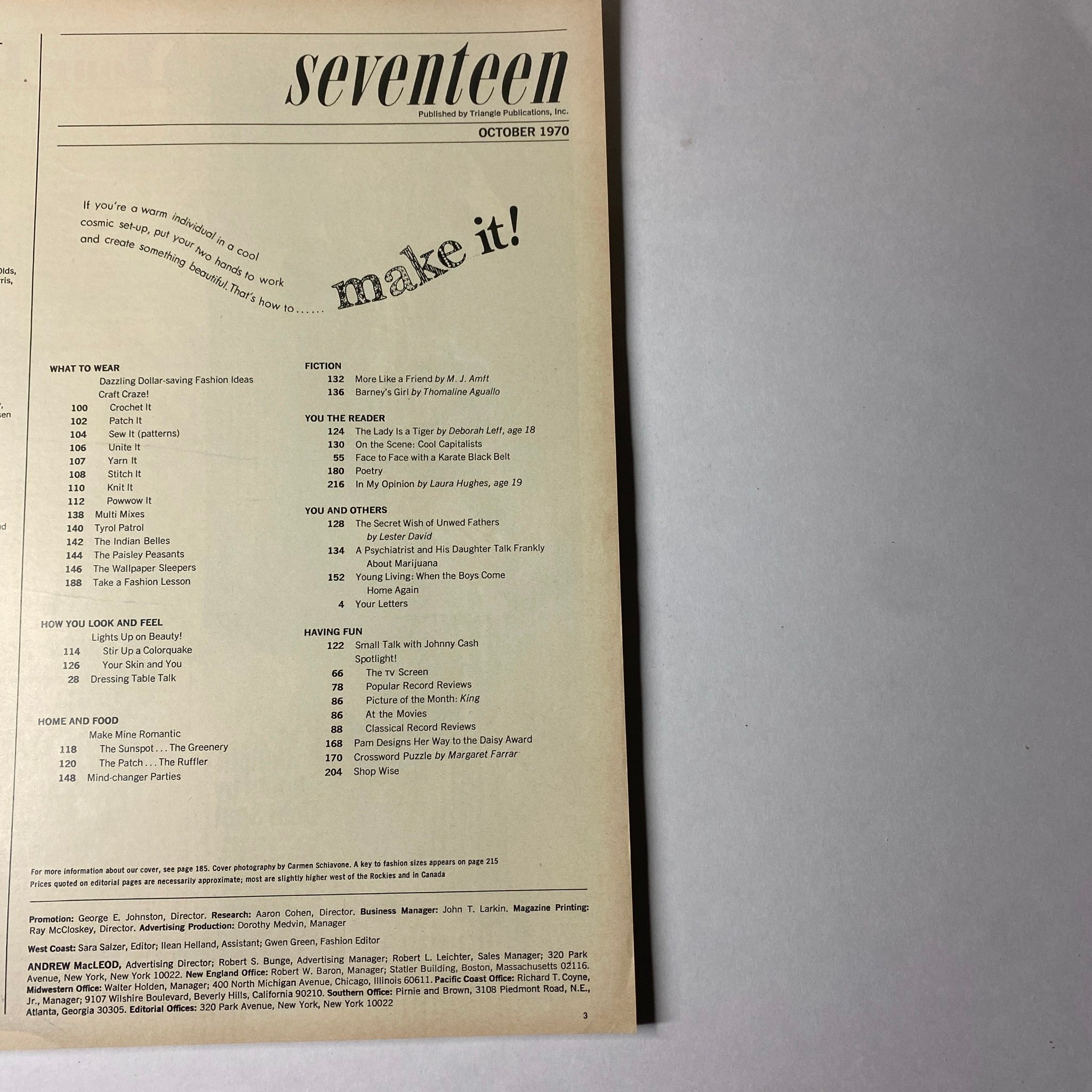 Table of contents page from Seventeen Magazine, October 1970 issue titled 'The Secret Wish of Unwed Fathers', outlining featured articles and themes.