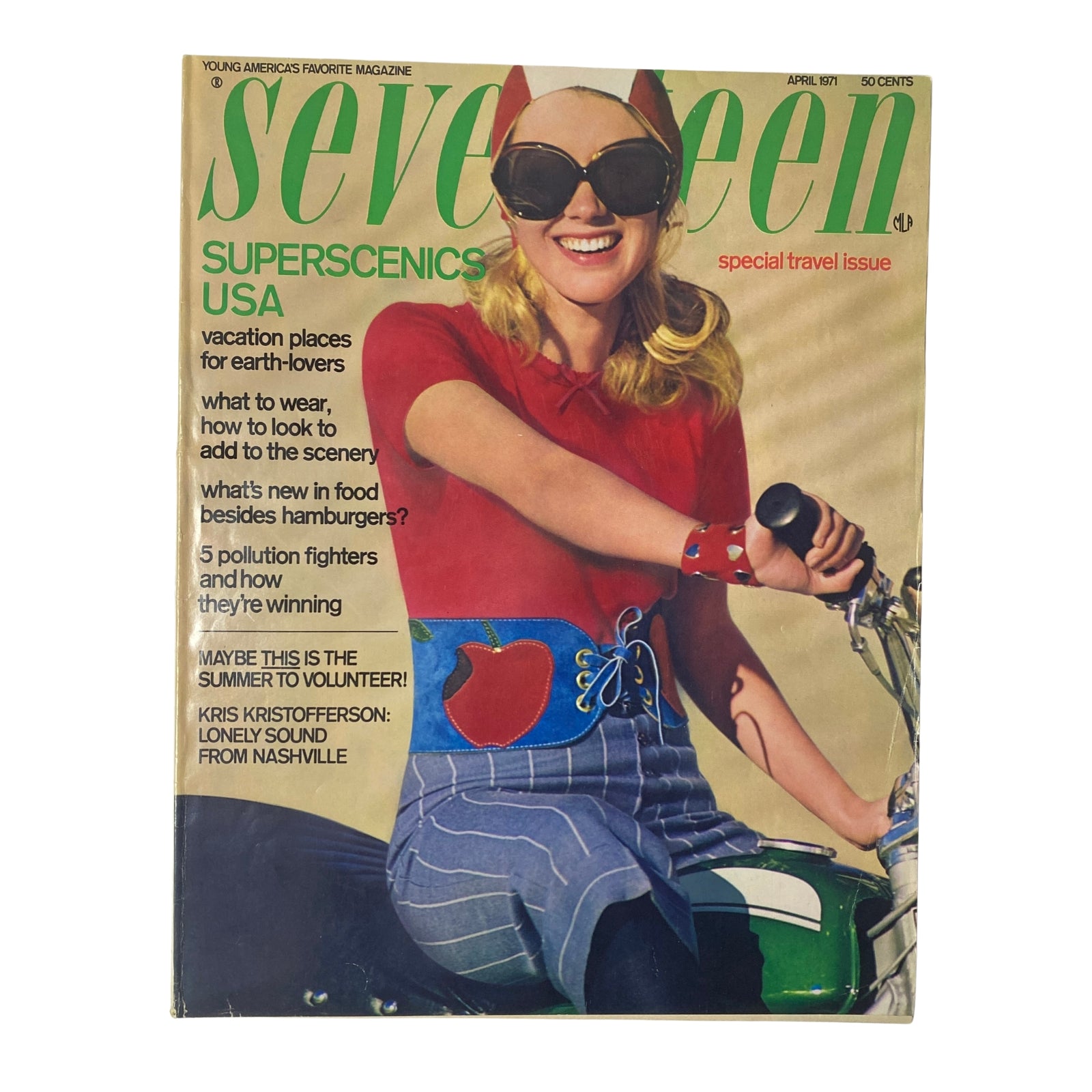Cover of Seventeen Magazine April 1971 Superscenics USA Special Travel Issue featuring a young woman in stylish sunglasses and a red top, promoting vacation destinations with an eco-friendly focus.