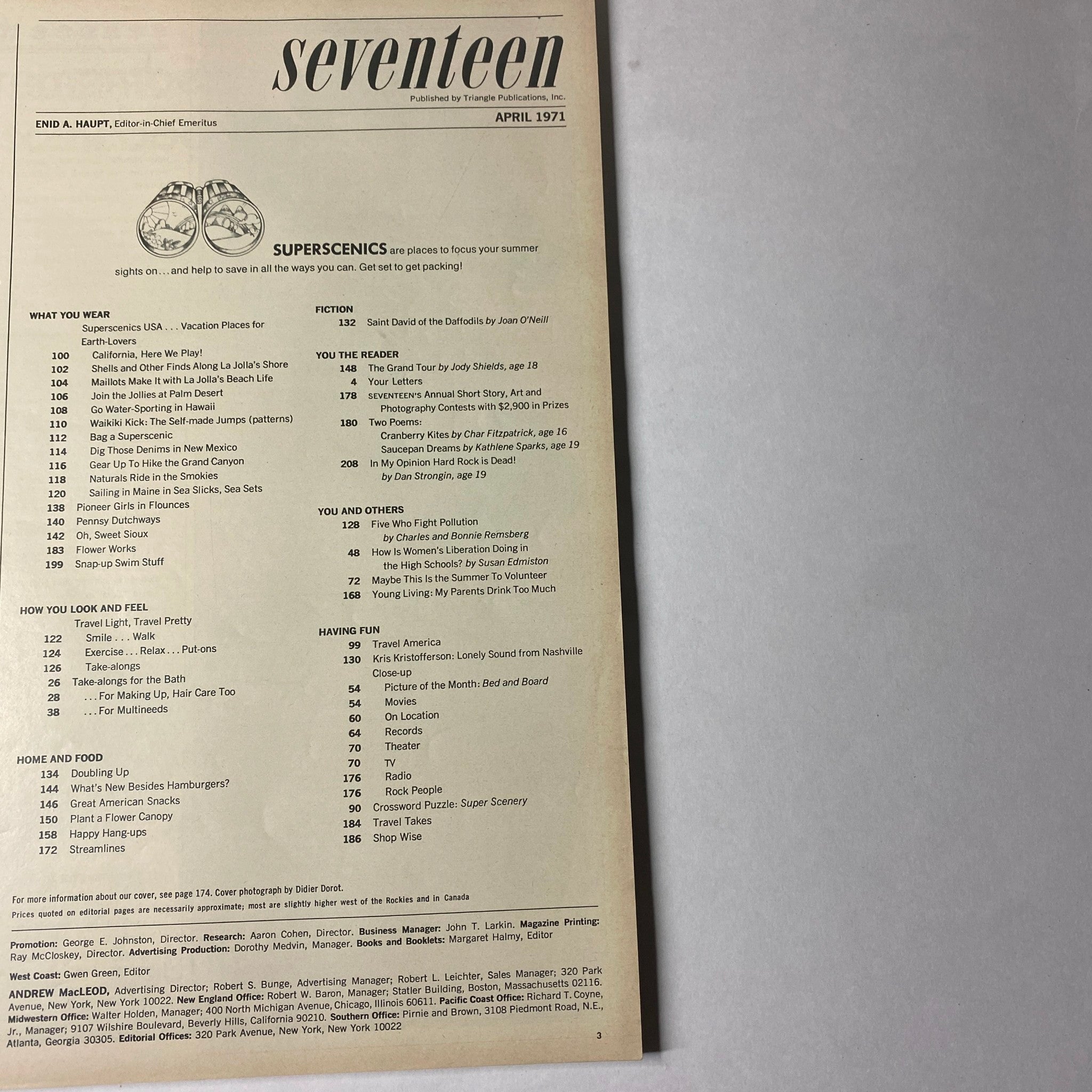 Contents page of Seventeen Magazine April 1971 Superscenics USA Special Travel Issue detailing article sections, travel tips, and features including environmental themes.