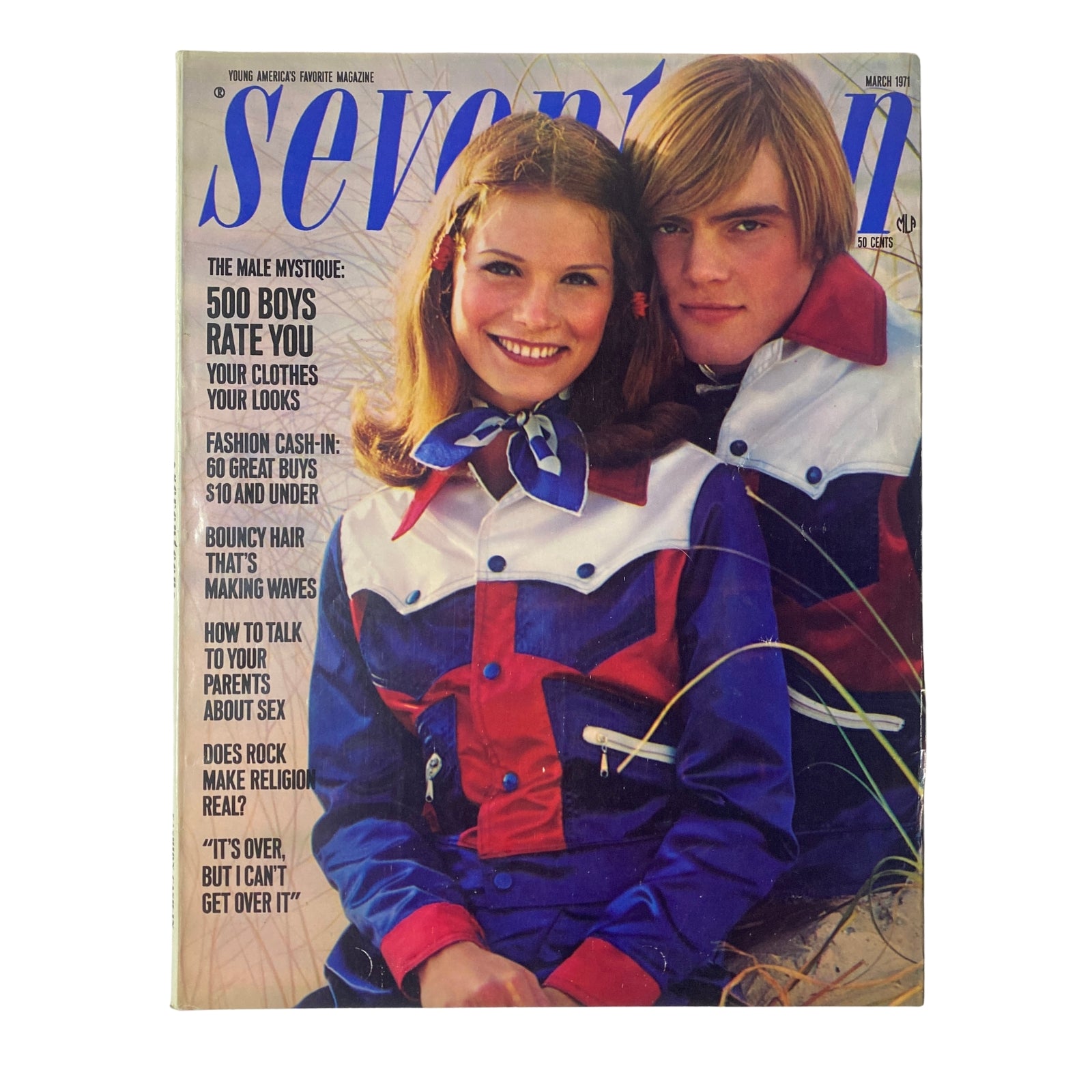 Cover of Seventeen Magazine, March 1971 edition featuring the title 'The Male Mystique: 500 Boys Rate You'. The cover features two teenagers styled in colorful vintage outfits, embodying the fashion and cultural dynamics of the early 1970s.