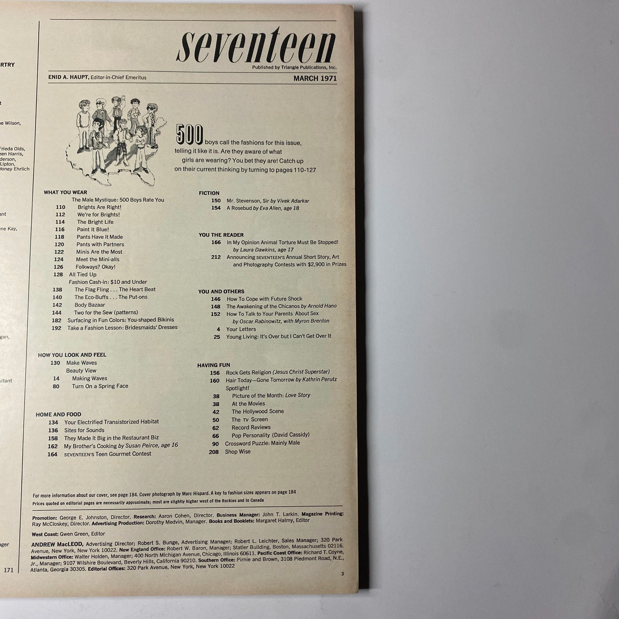 Seventeen Magazine March 1971 table of contents featuring the article '500 Boys Rate You' and various sections on fashion and beauty.