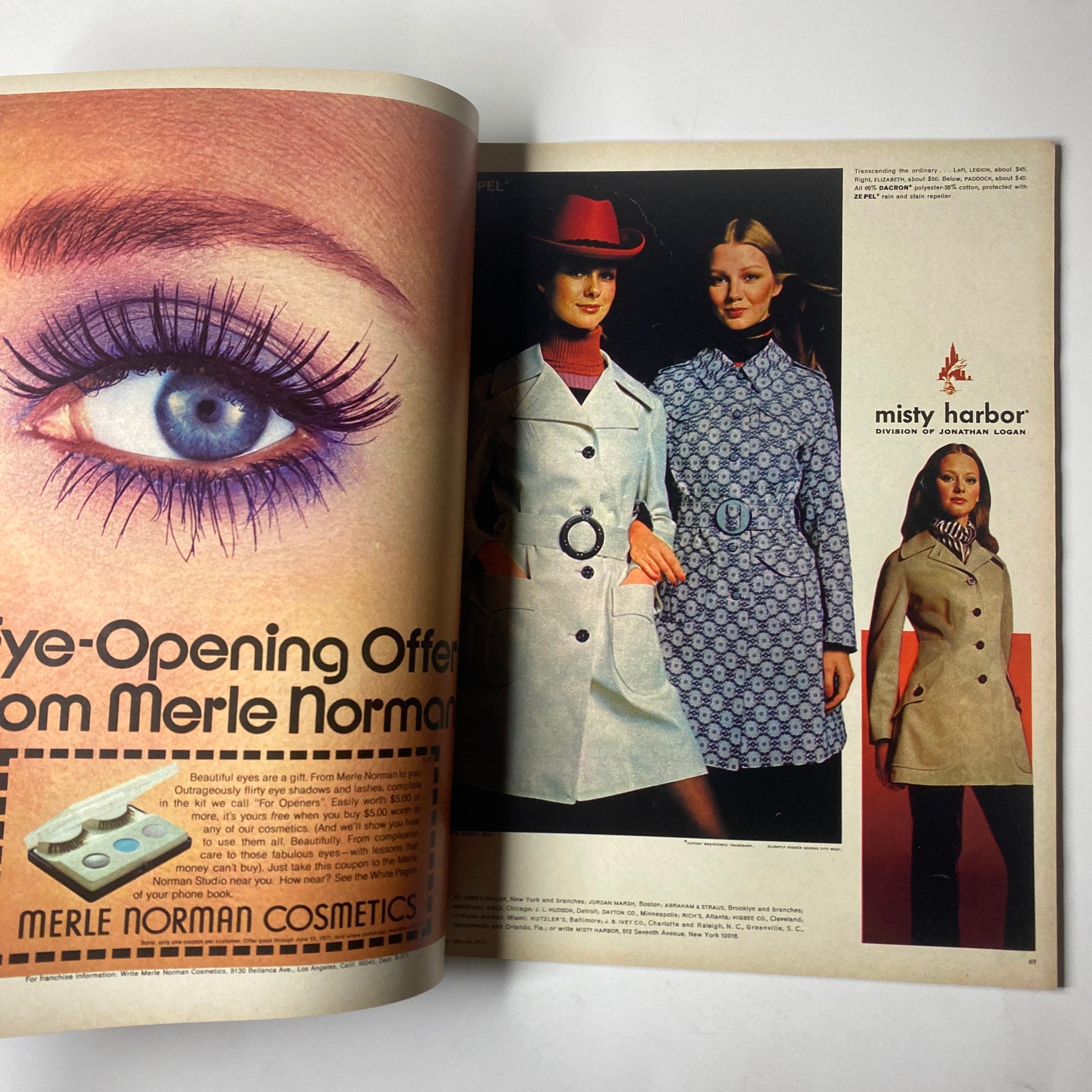 Fashion advertisement from Seventeen Magazine March 1971 showcasing models in stylish outfits and eye-catching makeup looks.