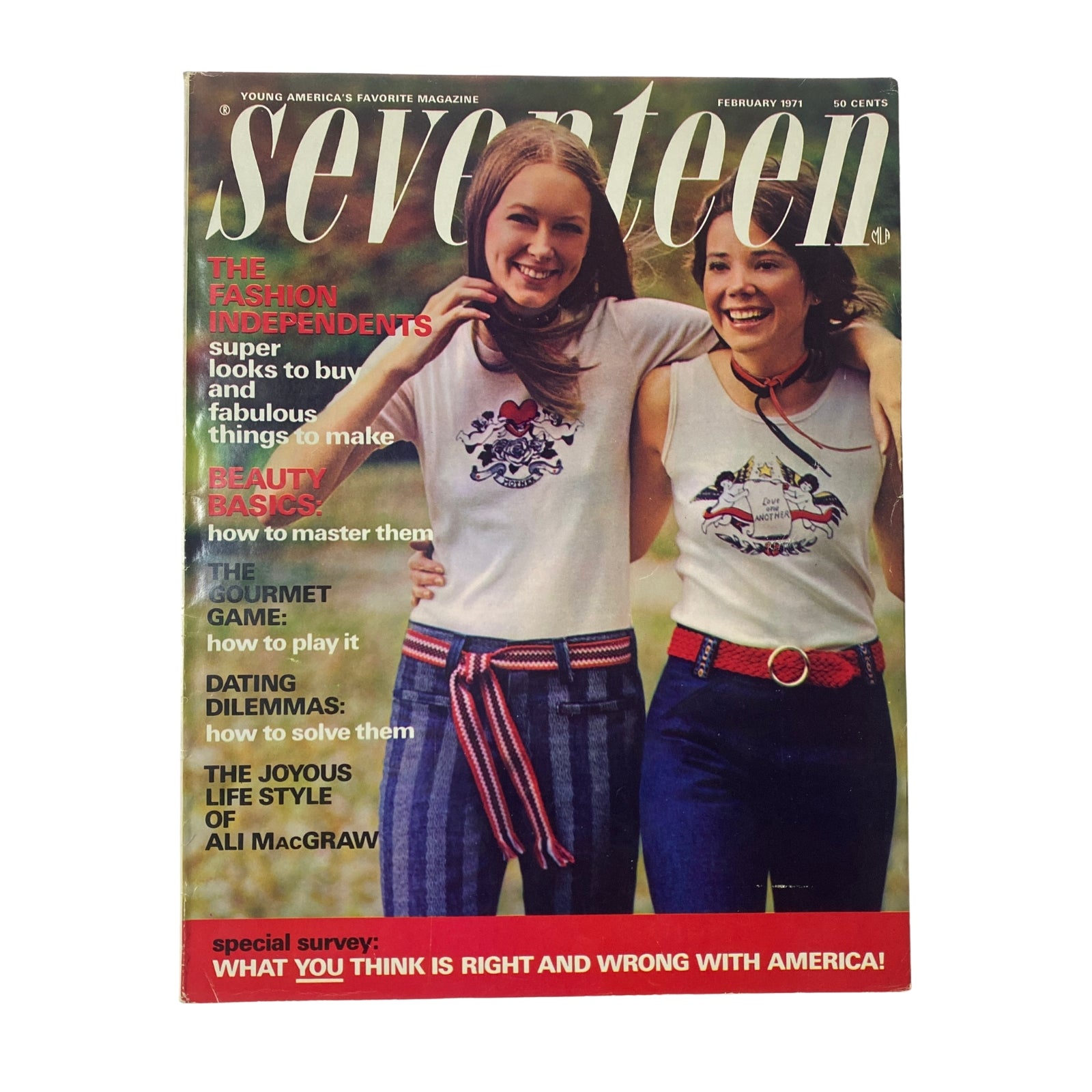 Cover of Seventeen Magazine February 1971 featuring the theme 'The Fashion Independents', showcasing two young women in fashionable attire, promoting beauty basics, gourmet game, dating dilemmas, and a special survey on youth perspectives.