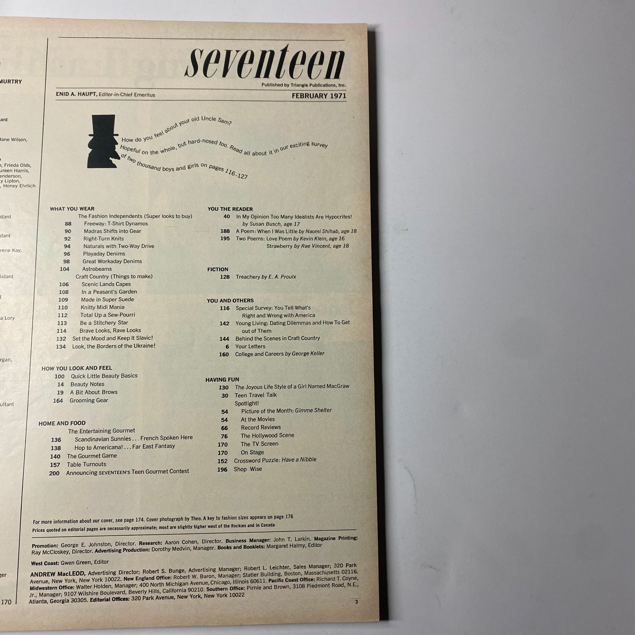 Table of contents for Seventeen Magazine, February 1971, featuring articles on youth culture, fashion, beauty, and more from the '70s.